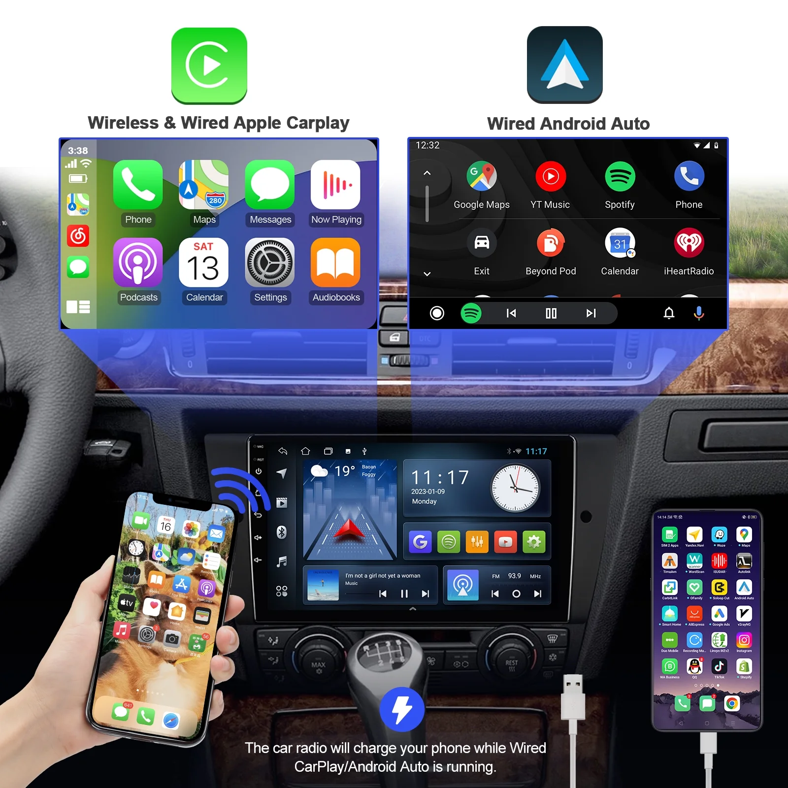 Android 10 Double Din Car Stereo for BMW 328i 335i 325i (E90/E91/E92/E93)2005-2011 9 Inch TouchScreen Radio Built-in Wireless Carplay/Android Auto/Bluetooth/AUX-in/Steering Wheel Control Backup Camer