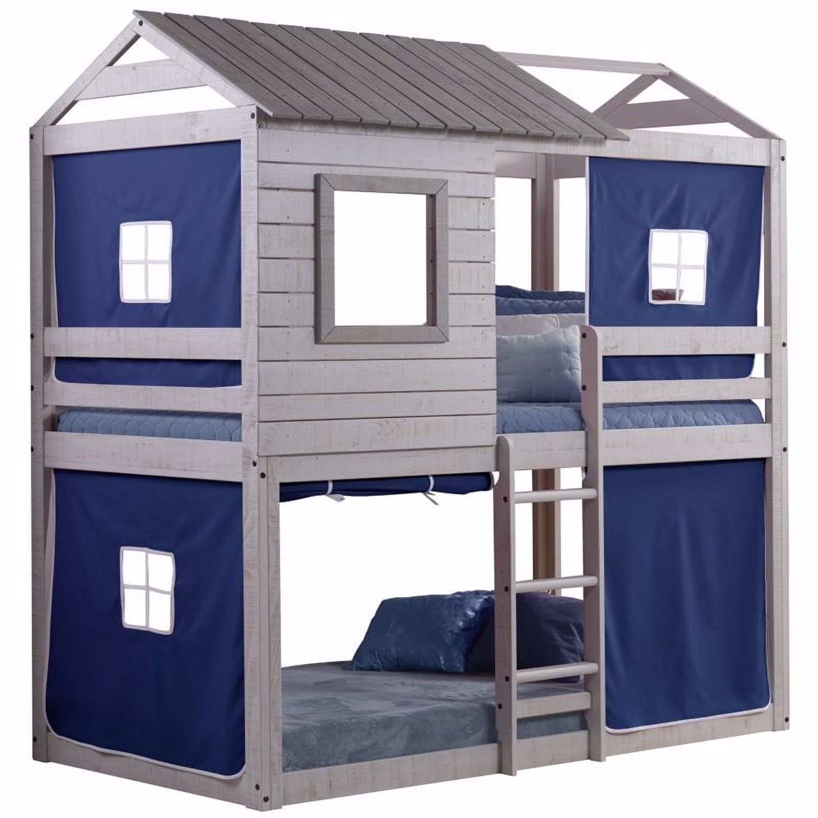 Rosebery Kids Twin Over Twin Solid Wood Bunk Bed with Blue Tent in Gray