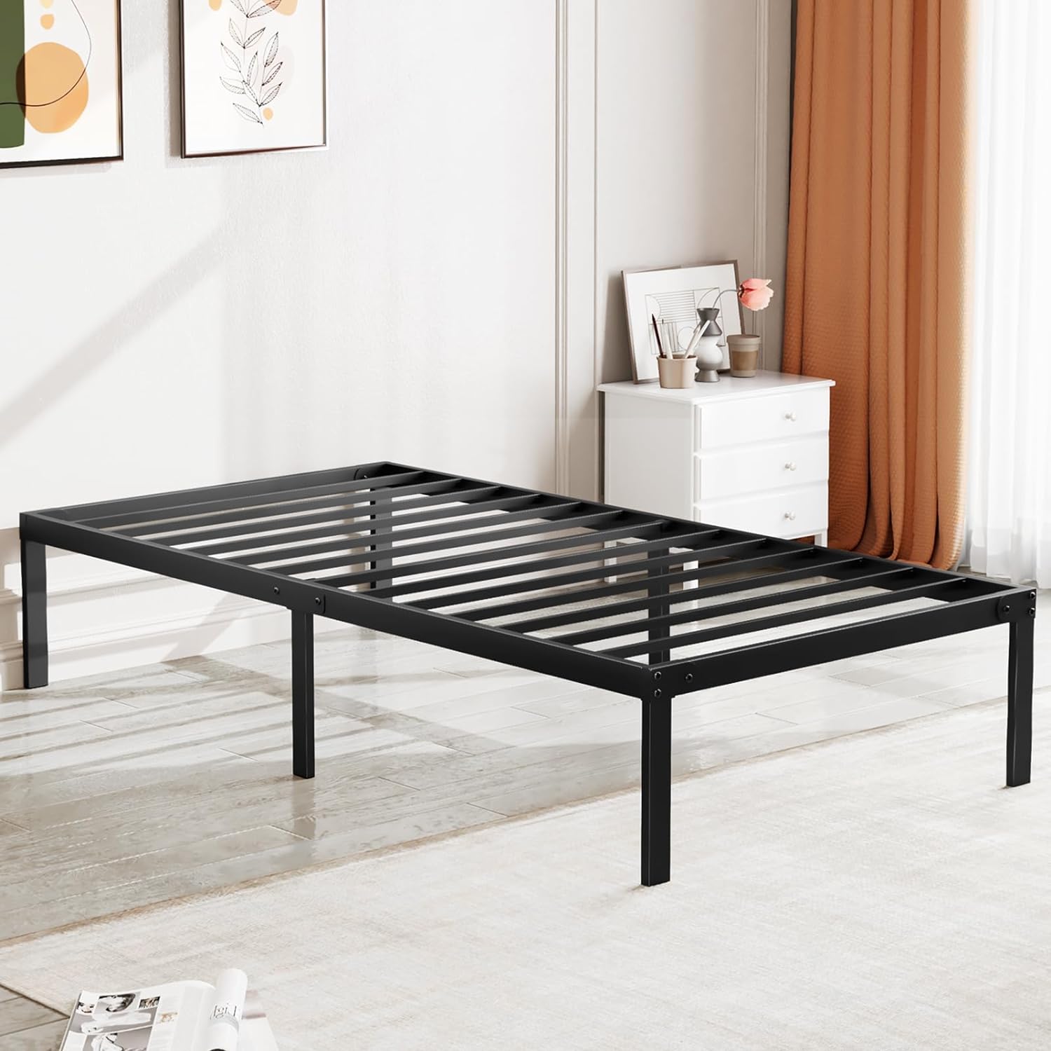 KPUY Bed Frame Twin Size-14 inch Platform Bed frame Twin Size,Heavy Duty Mattress Foundation, with 14'' Large Under Bed Storage Space,No Box Spring Needed
