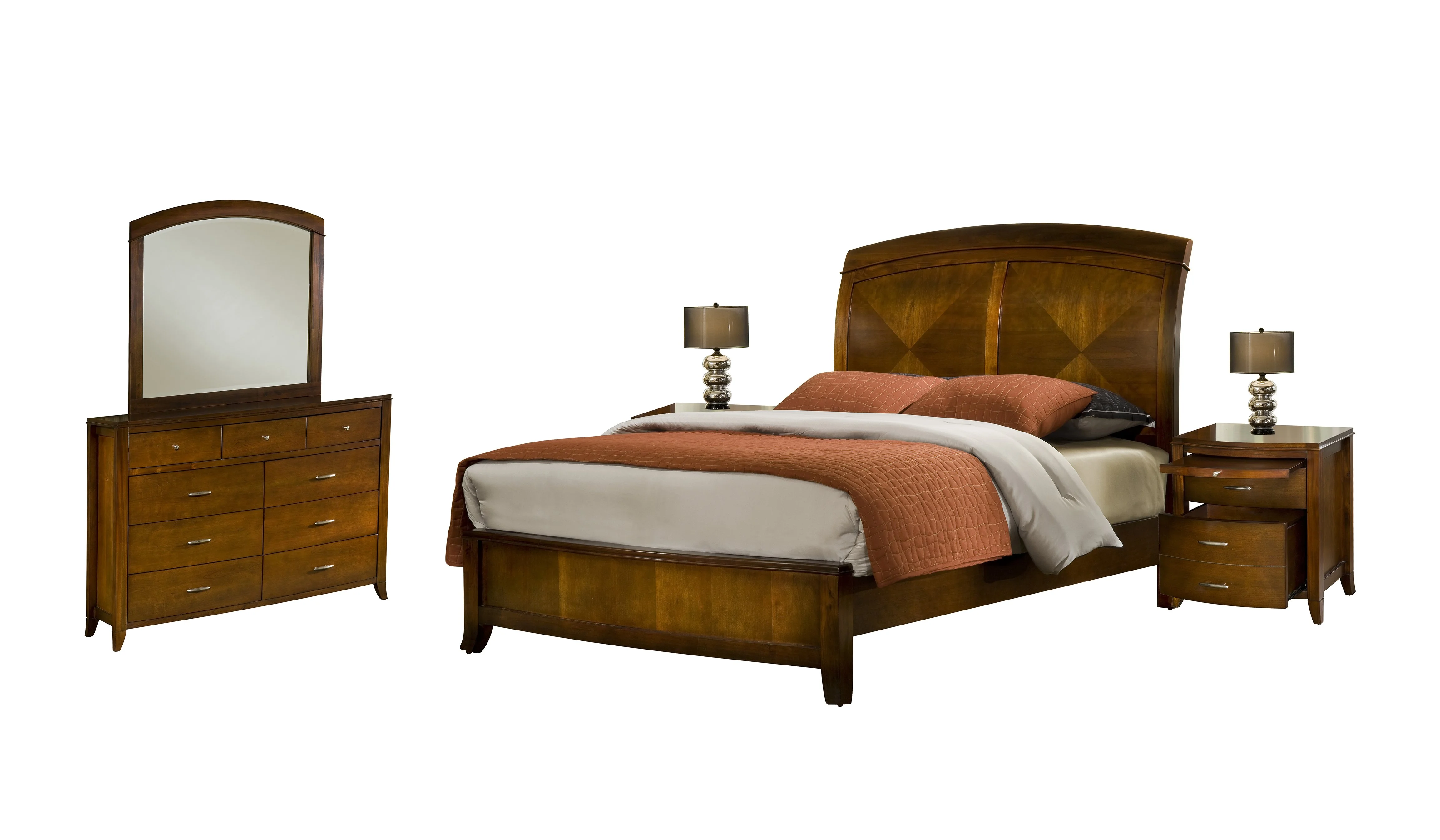 Viven 5PC Cal King Bed, 2 Nightstand, Dresser & Mirror Set in Mahogany Spice