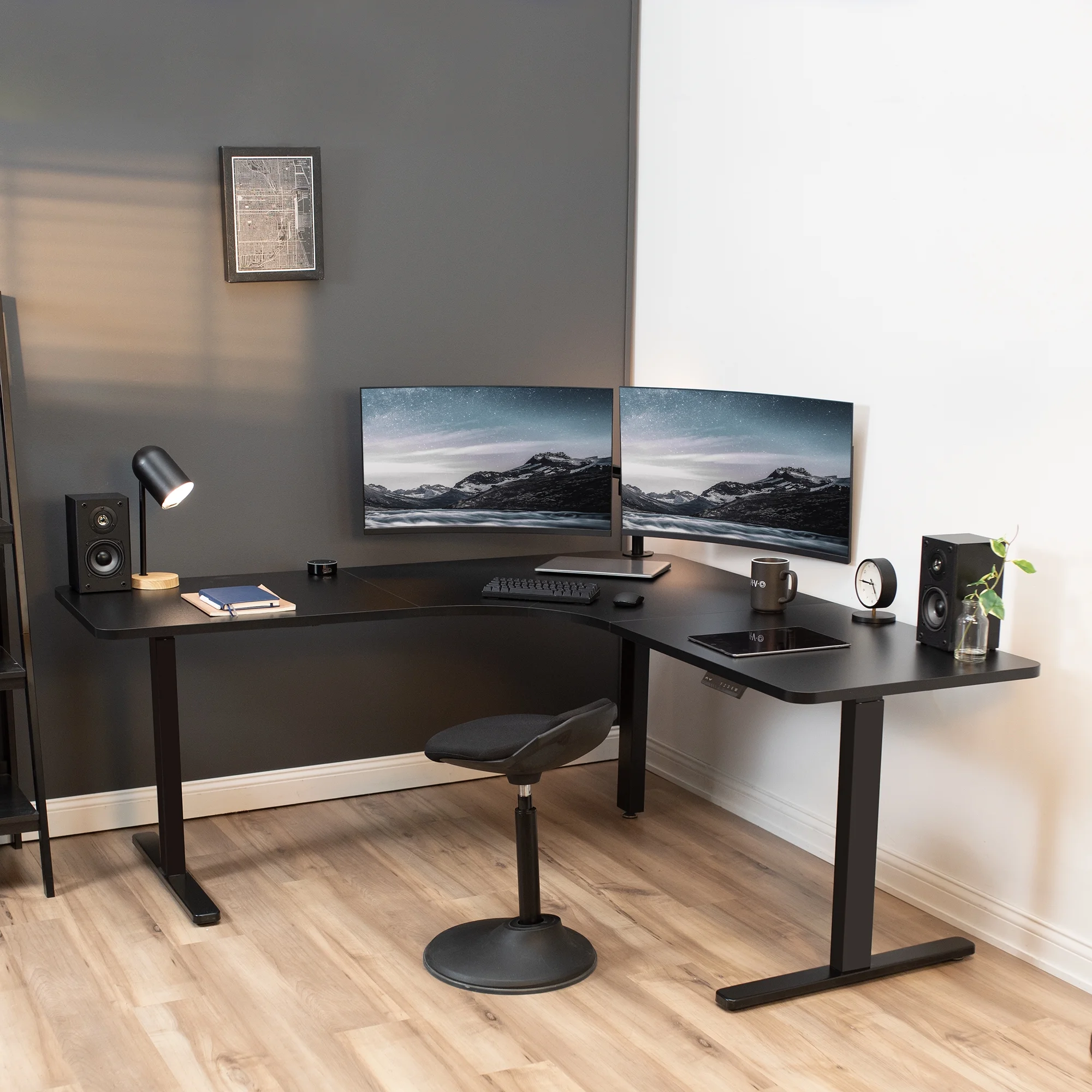 VIVO Black 71 x 71 inch Curved Corner Table Top for Sit to Stand Desk Frames
