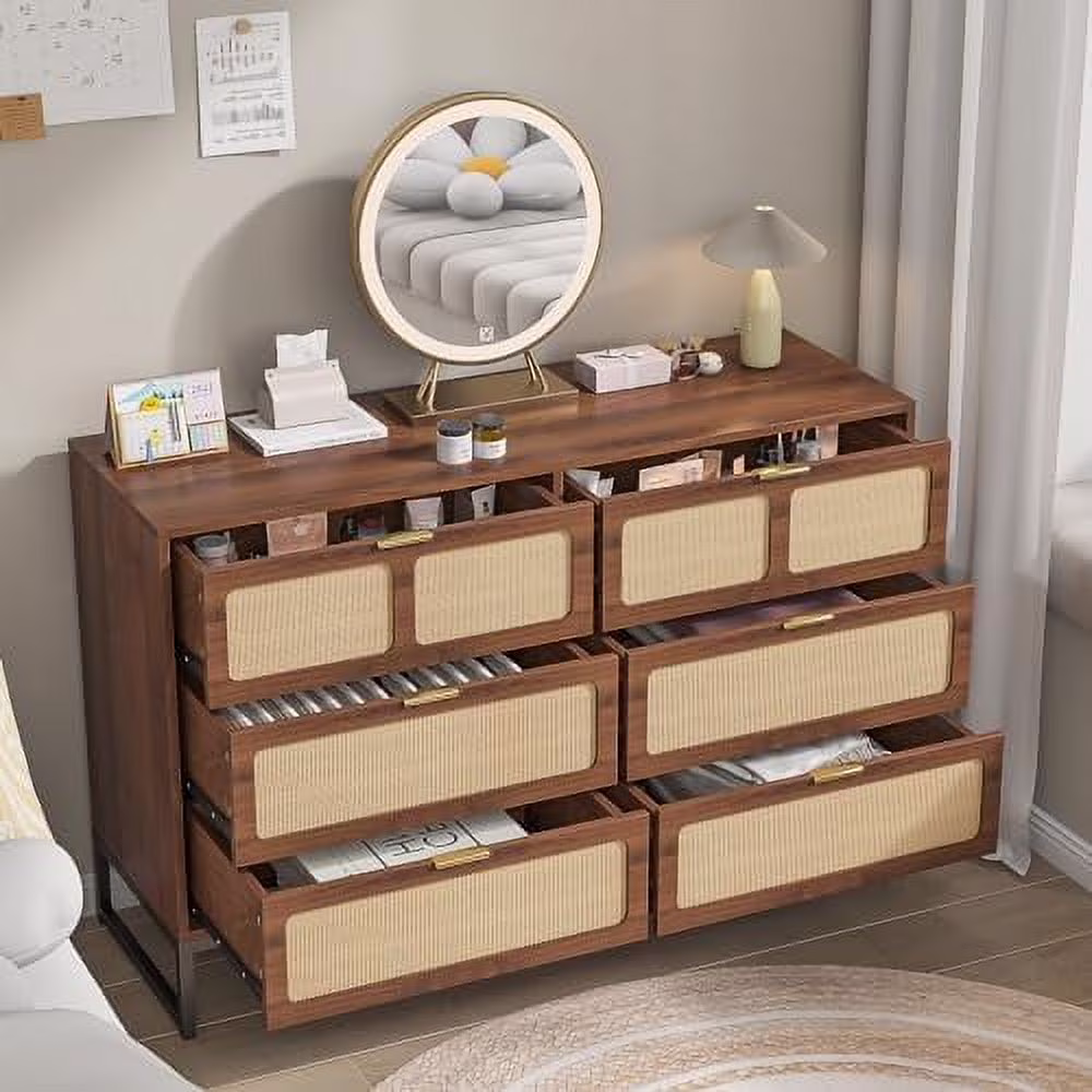 HBBOOMLIFE Rattan 6 Drawer Dresser  Dresser Chest of Drawers Farmhouse Oak 6 Double Drawer Dresser Cabinet with Wide Drawers Metal Legs Mid Century Modern  Dressers Chest for Bedroom  Liv