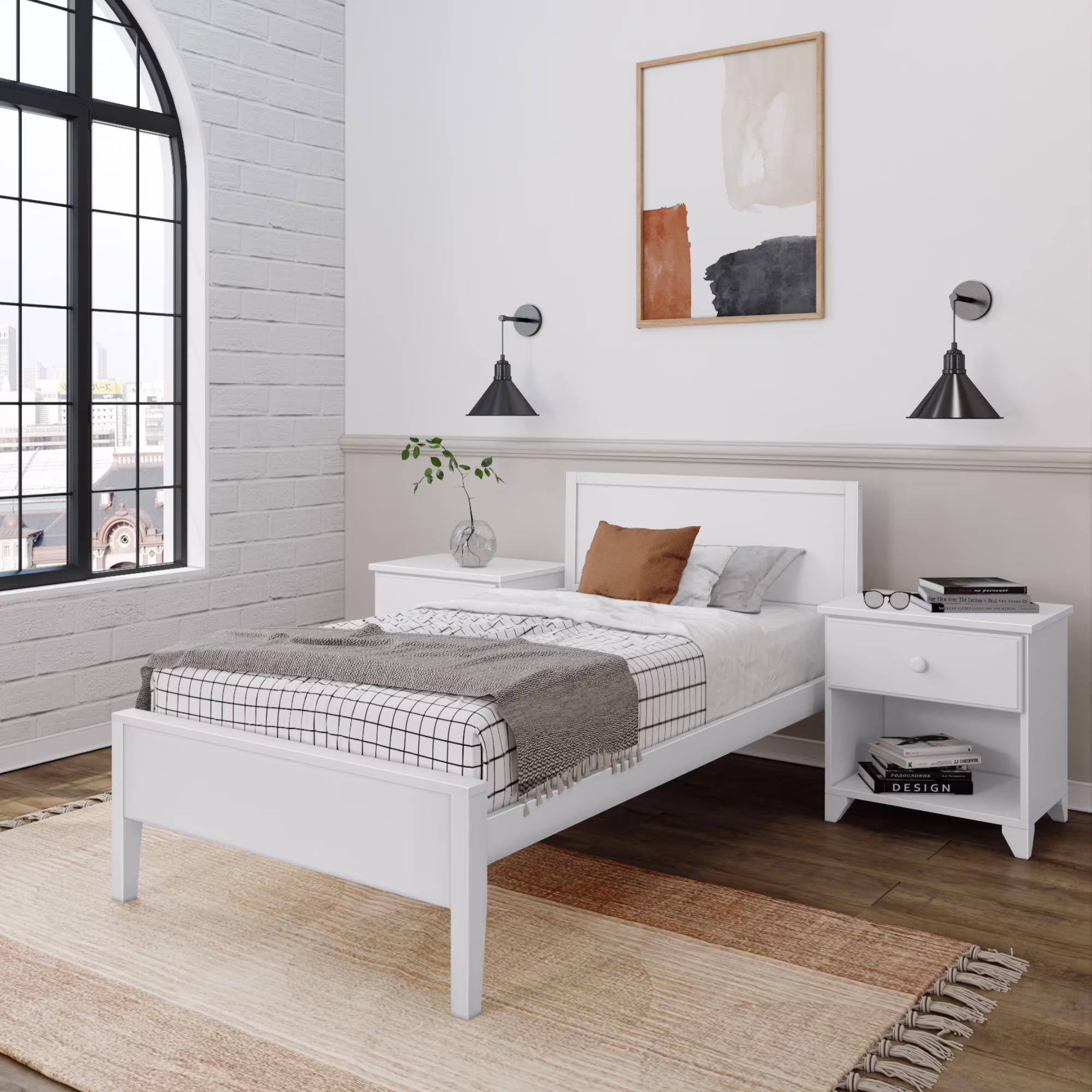 Plank+Beam Solid Wood Twin Bed Frame with Headboard, Modern Platform Bed for Adults, White