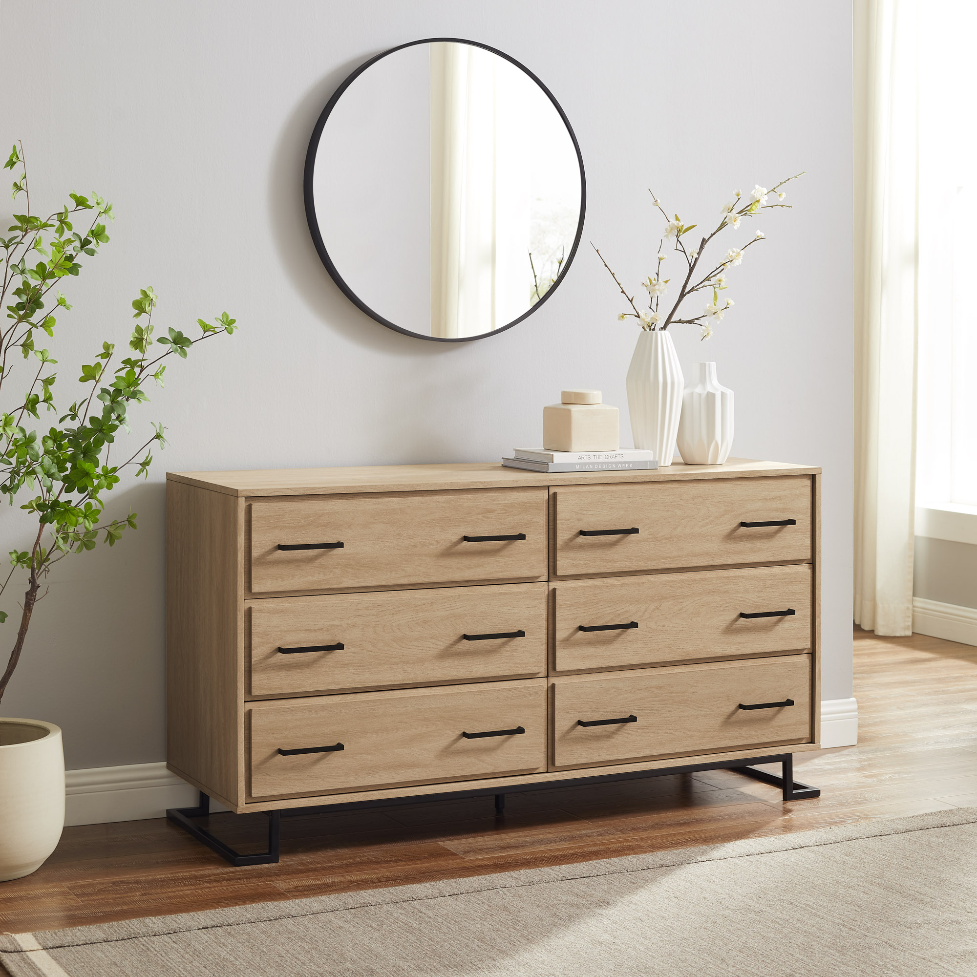 Walker Edison Contemporary Angle-Leg 6-Drawer Dresser, Coastal Oak