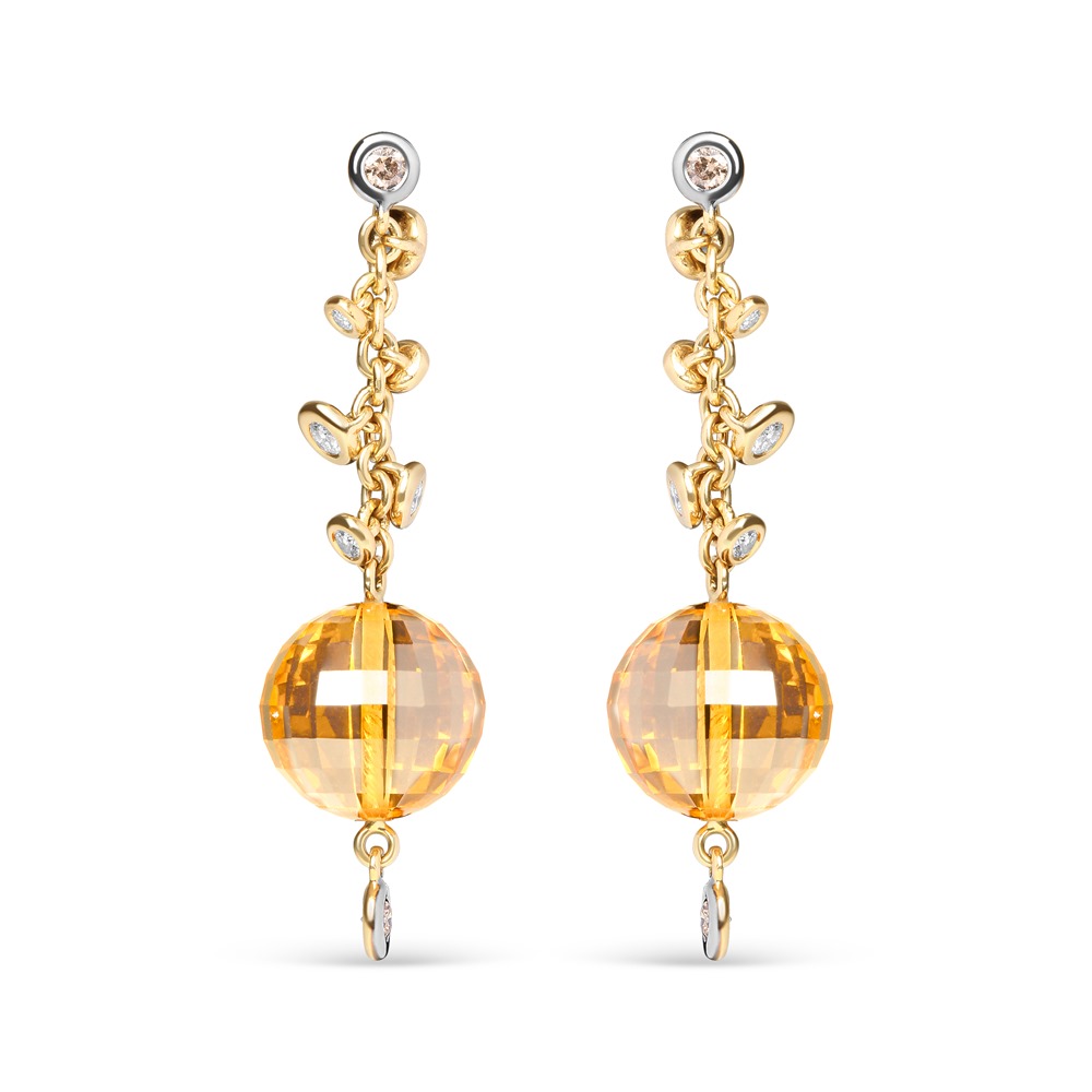 18K Yellow Gold 2/3 Cttw Round Bezel Diamond and 25mm Ball Shaped Yellow Citrine Gemstone Dangle Stud Earring (Brown and G-H Color, SI1-SI2 Clarity)
