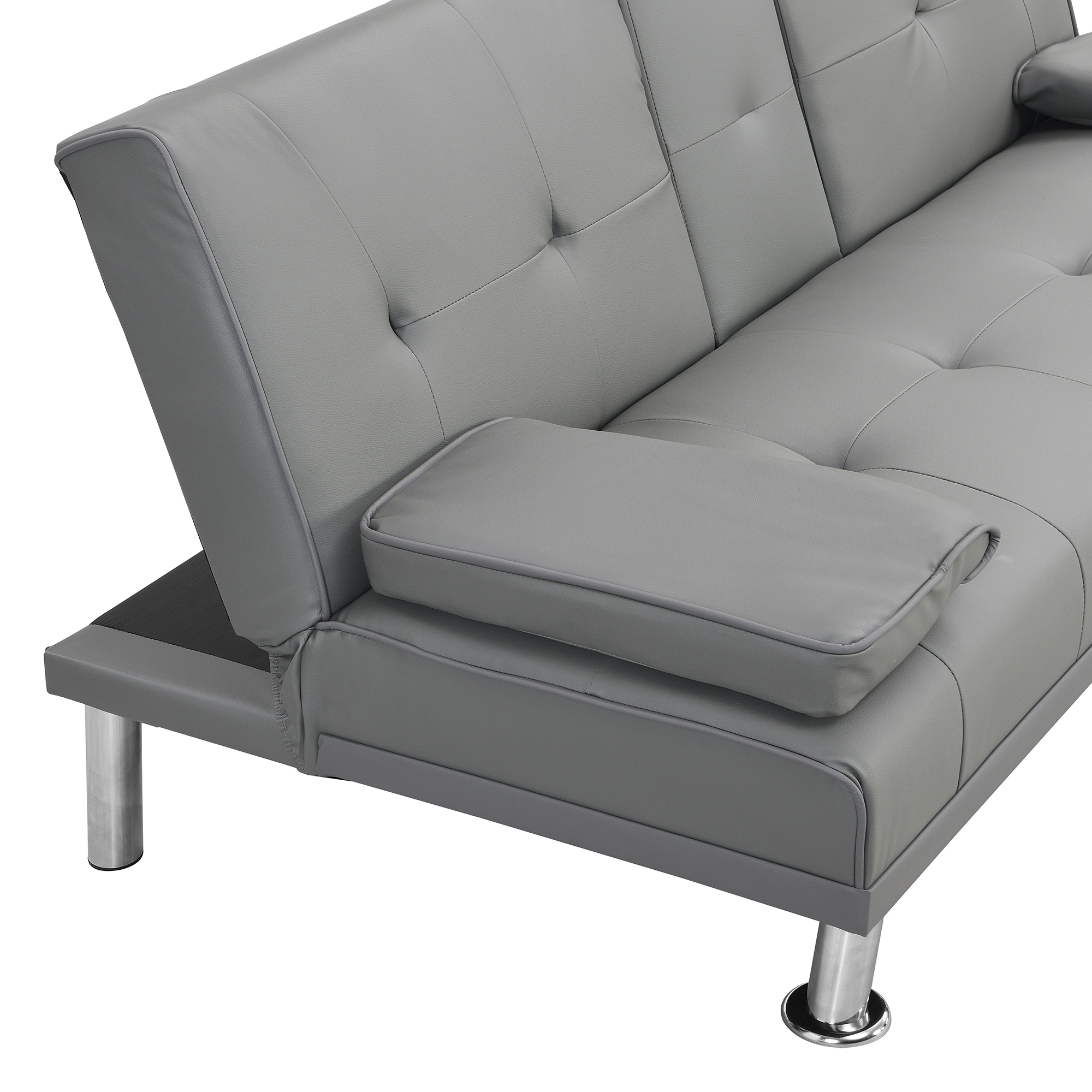 sofa bed with Armrest two holders WOOD FRAME, STAINLESS LEG, FUTON GREY PVC