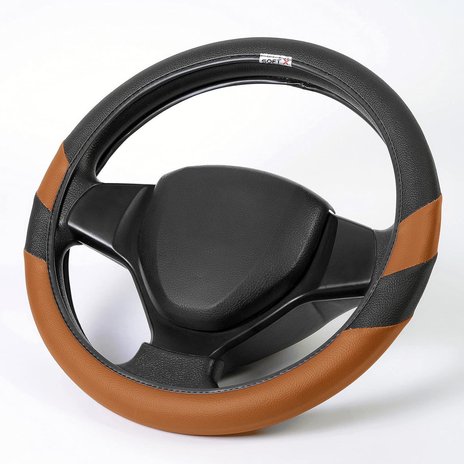 Premium Faux Leather Car Steering Wheel Cover Universal Size Black & Tan