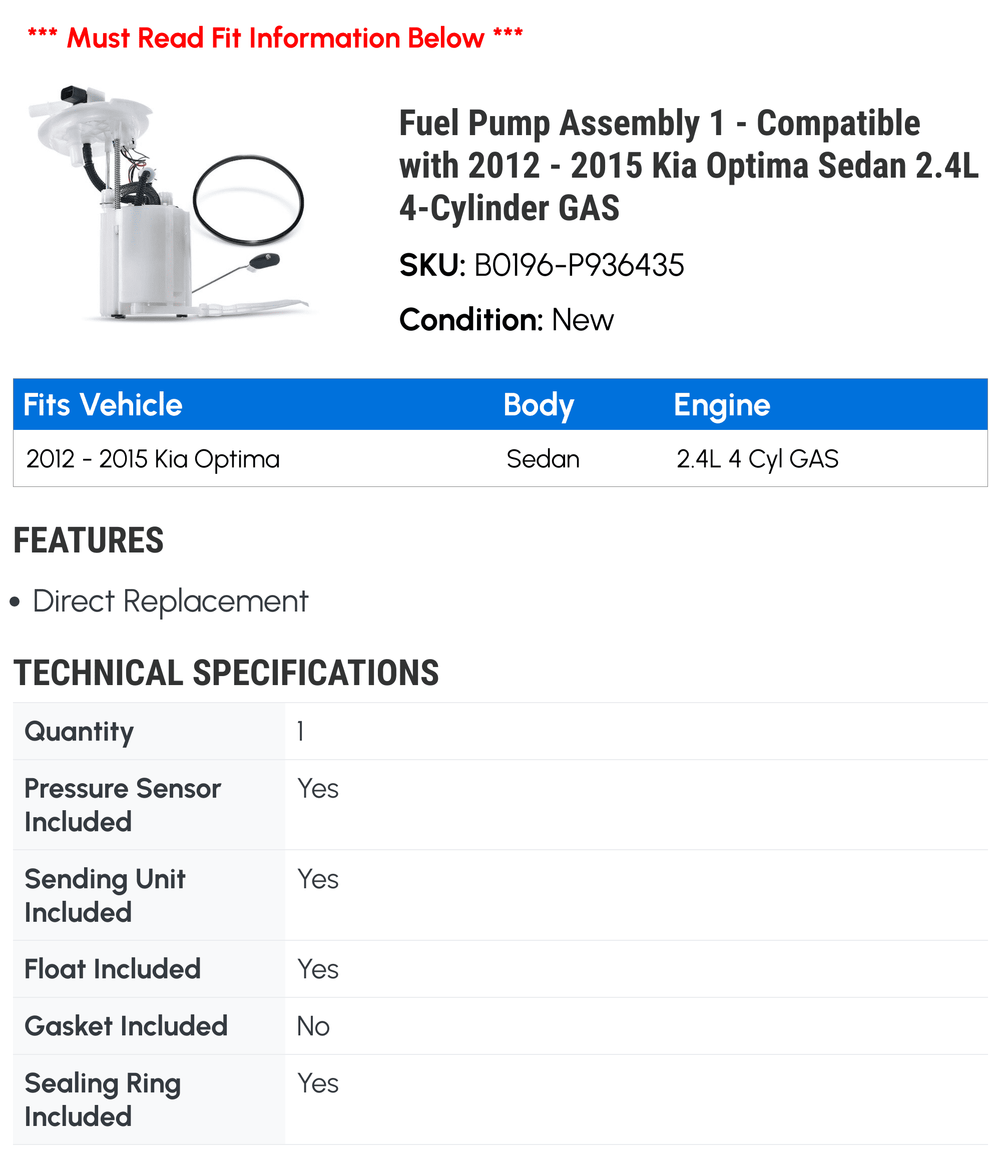 Fuel Pump Assembly 1 - Compatible with 2012 - 2015 Kia Optima Sedan 2.4L 4-Cylinder GAS 2013 2014