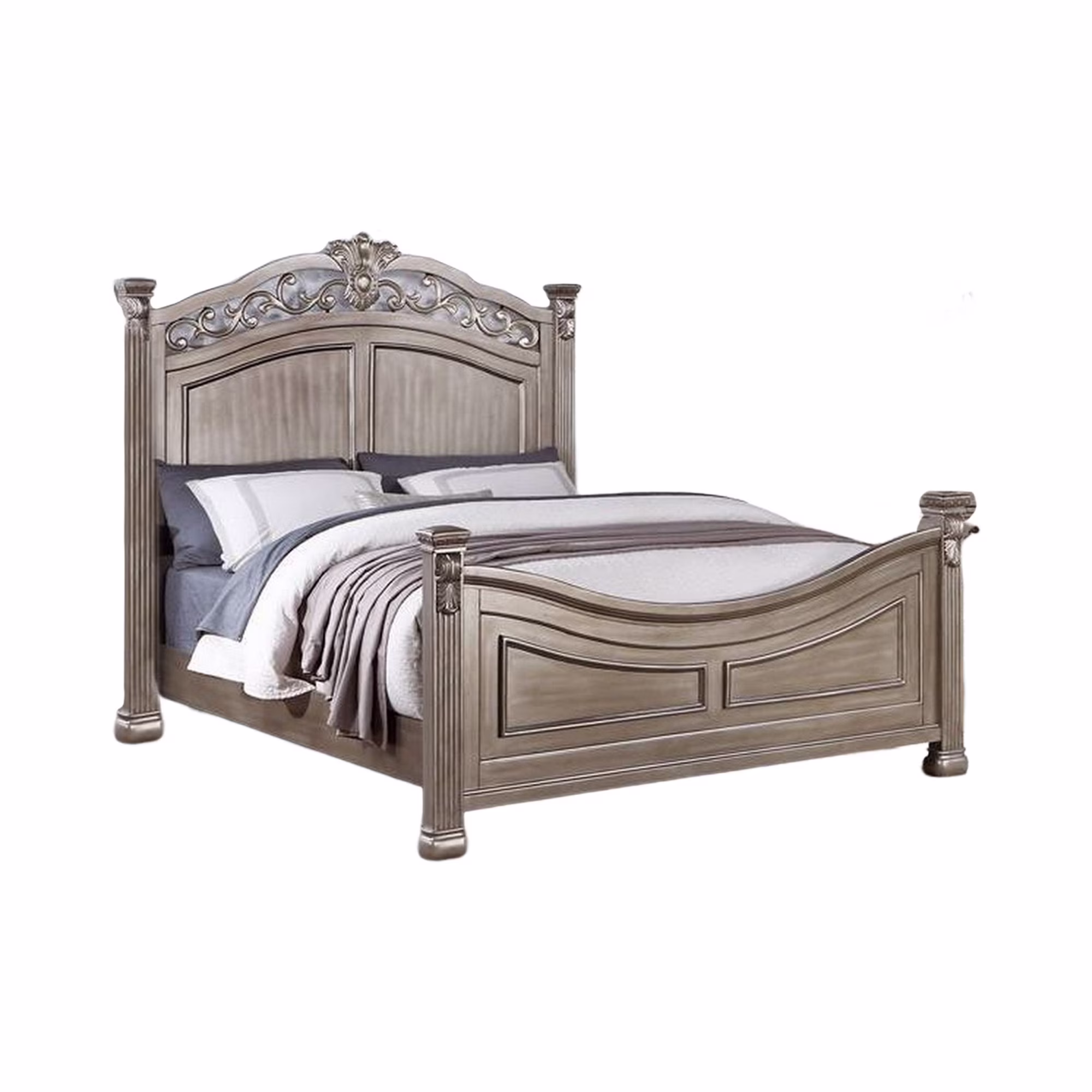 Benjara Aza Traditional Wood California King Bed, Leaf Carvings, Champagne Gold