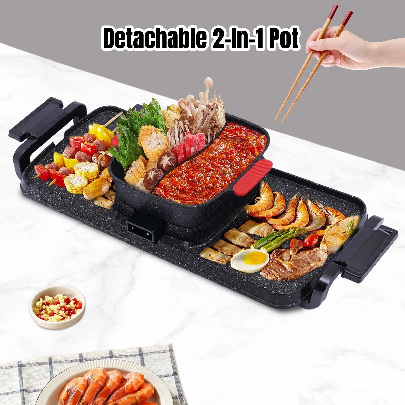 Miumaeov 2 In 1 Grill and Hot Pot Combo Countertop Hot Pot with Grill Cooker with Dual Temperature Control 5 Gear Temperature Adjustable Multi-Functional Korean BBQ Teppanyaki Grill and Hot Pot
