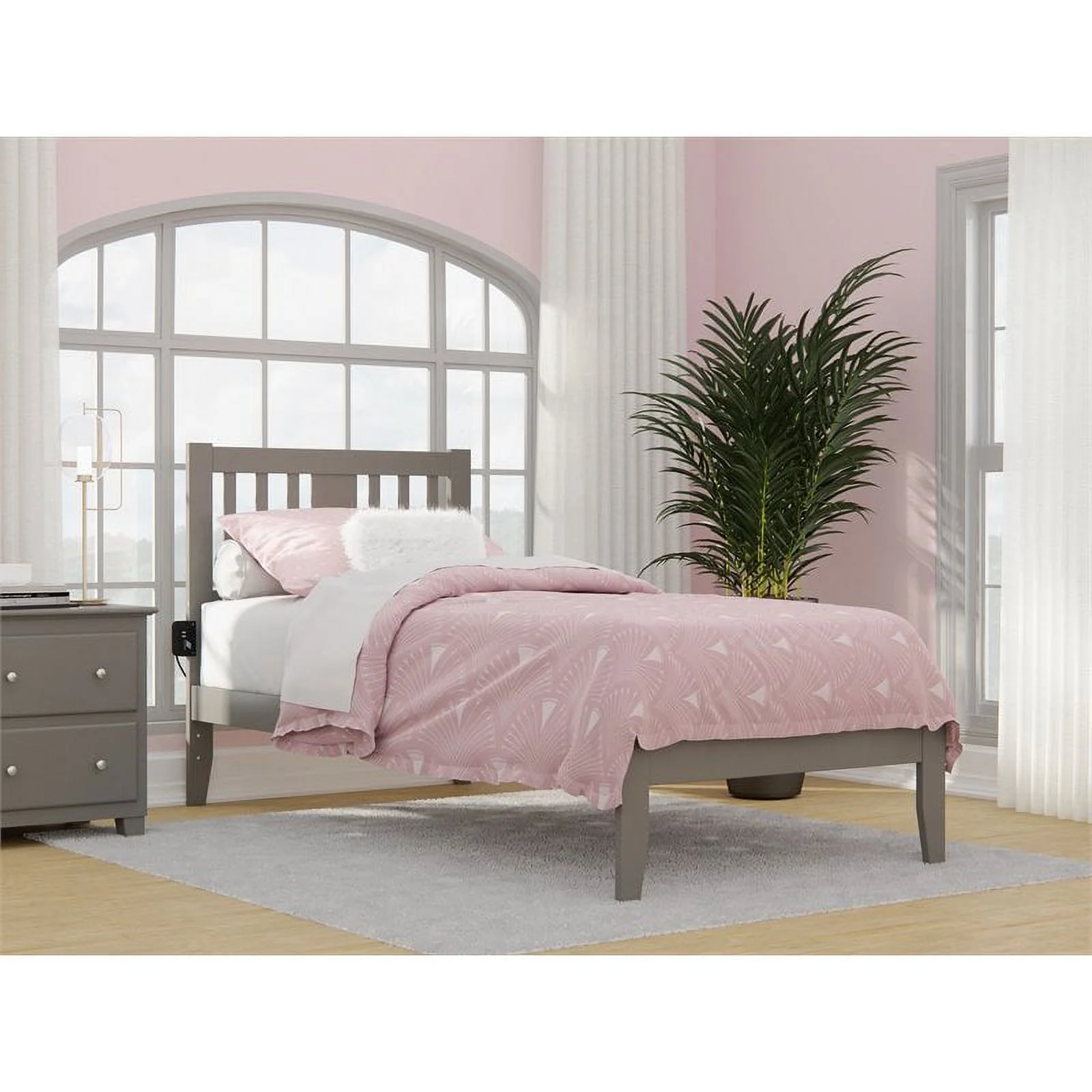 Bowery Hill Solid Wood Twin XL Spindle Bed with USB Turbo Charger in Gray