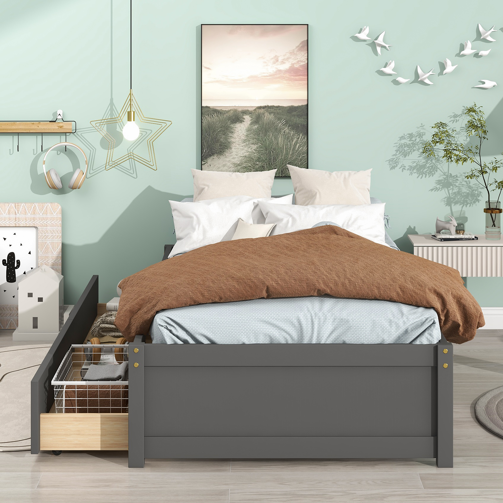 SYNGAR Gray Wood Storage Bed Twin Bed Frame, Twin Size Platform Bed with Solid Slats and Drawers, No Box Spring Needed