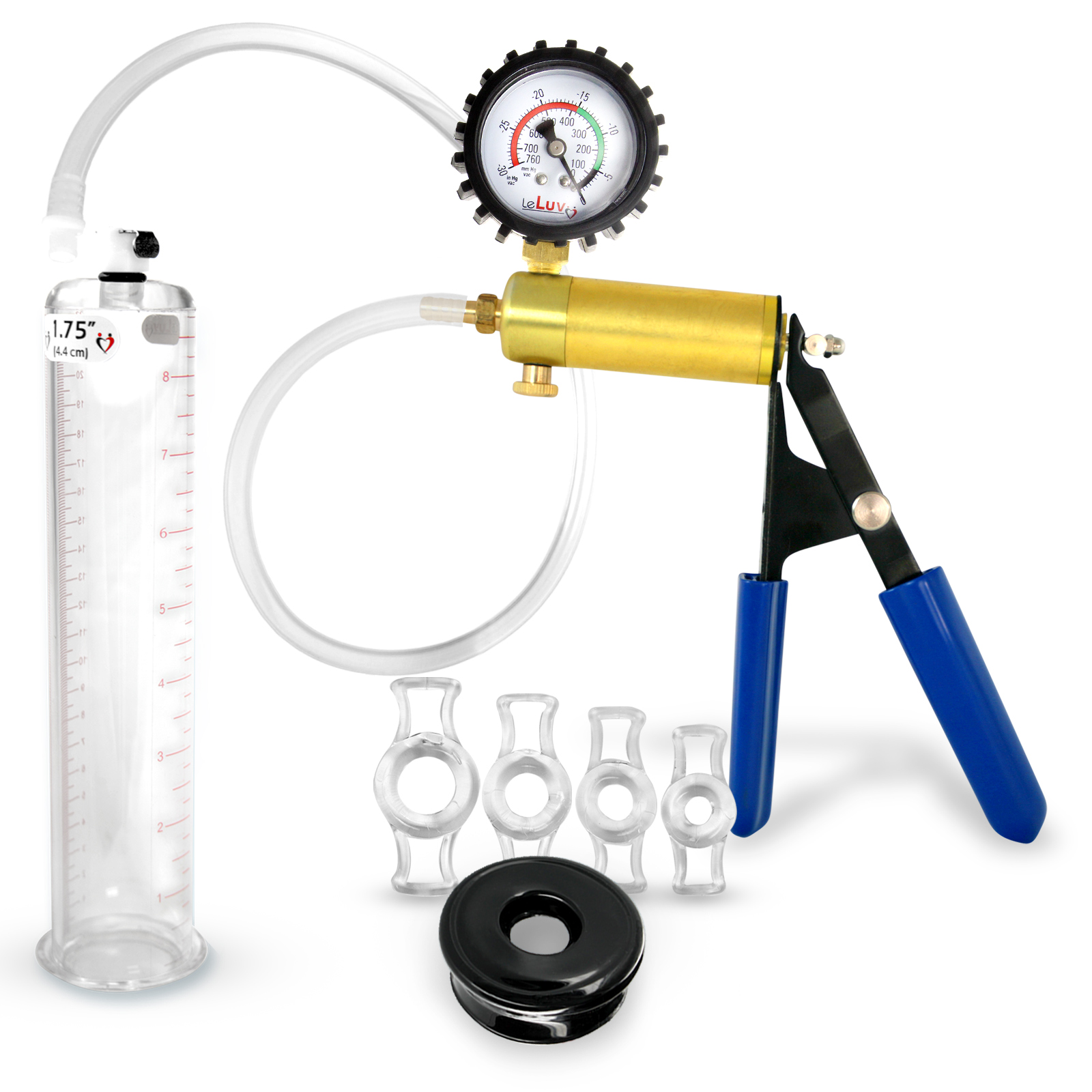 LeLuv Ultima Penis Pump W/ Blue Handle, Rubber Grip, Clear Hose + Protected Gauge | TPR Seal, 4 Cock Rings | 9