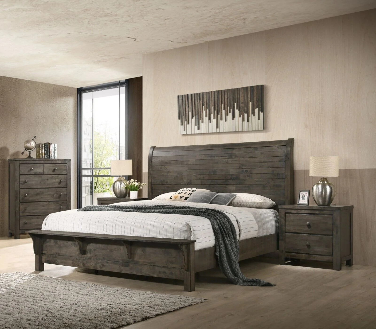 Contemporary Classic 3pc King Built-in Bench Bed Chest Nightstand Set Curve Headboard Rustic Gray Finish