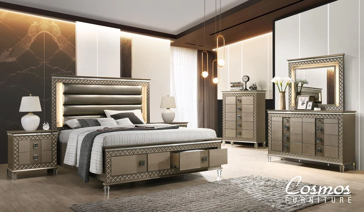 Bronze Finish Wood King Bedroom Set 6Pcs Contemporary Cosmos Furniture Coral