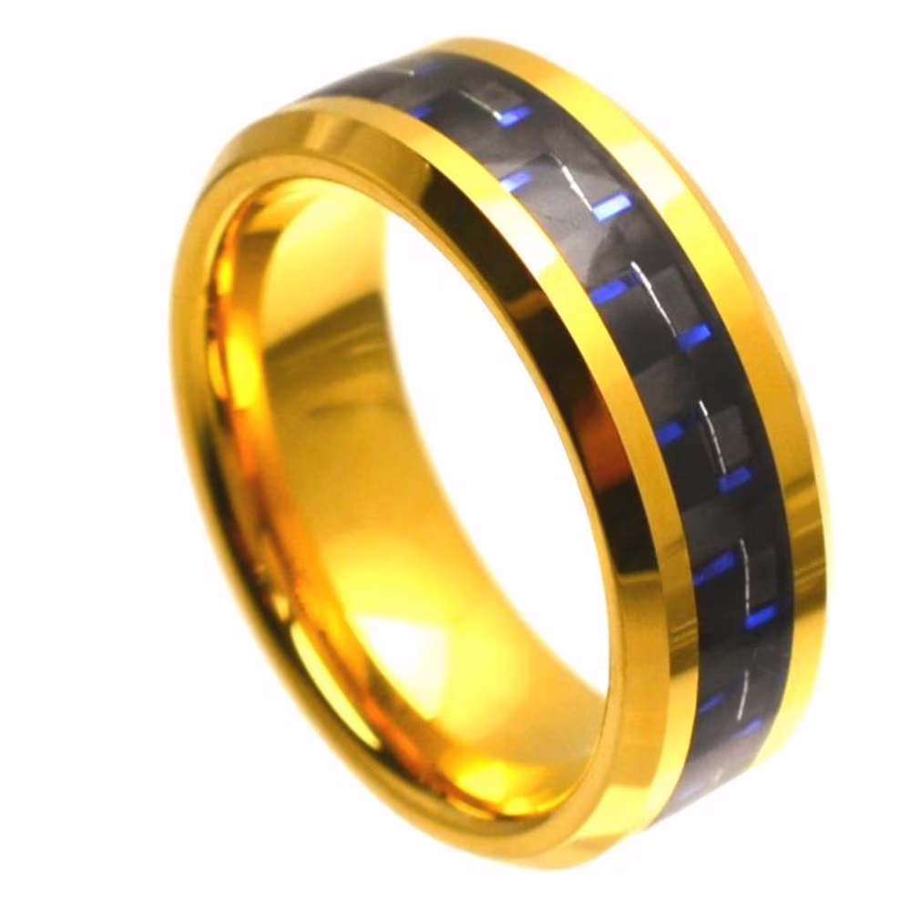8mm Tungsten Carbide Yellow Gold Plated High Polish with Blue & Black Carbon Fiber Inlay Beveled Edge Wedding band Ring for Men and Ladies