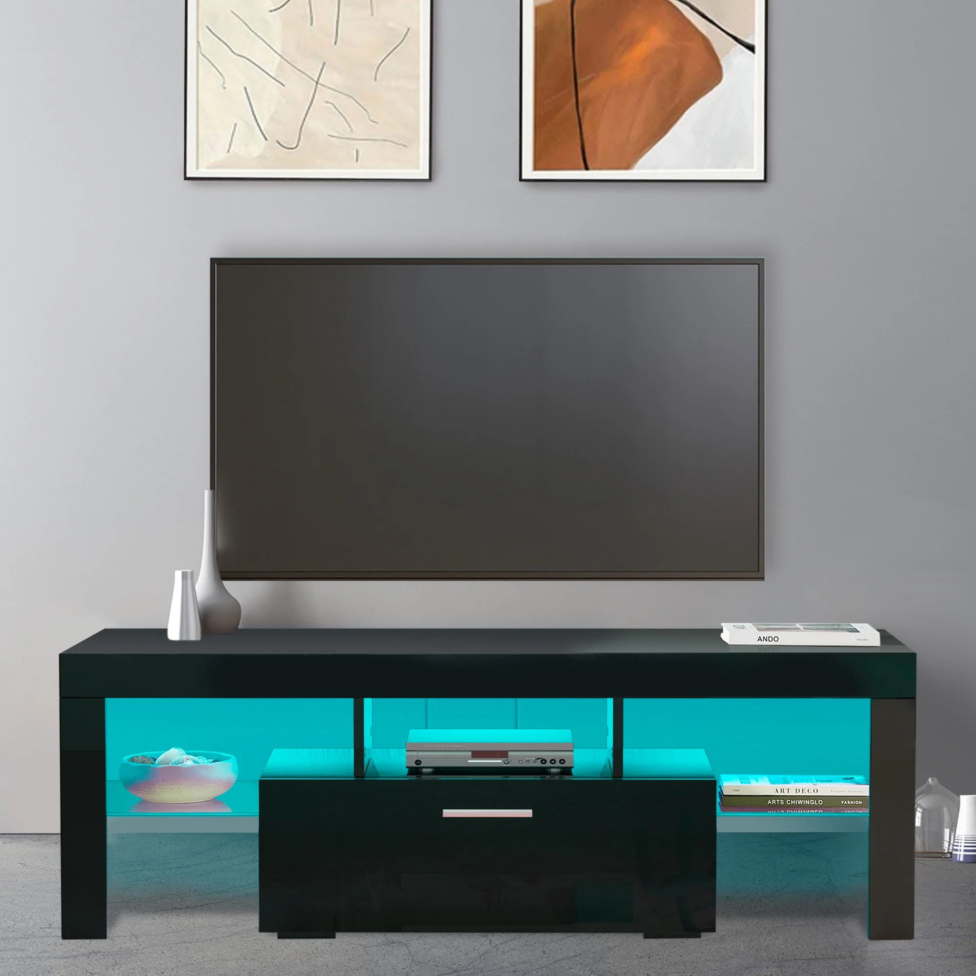 Led TV Stand, TV Console Table with Cabinet, Gaming Entertainment Center with 16 Color Lights, Cabinet with 4 Light Modes, Black TV Table for 30-55 Inch TV