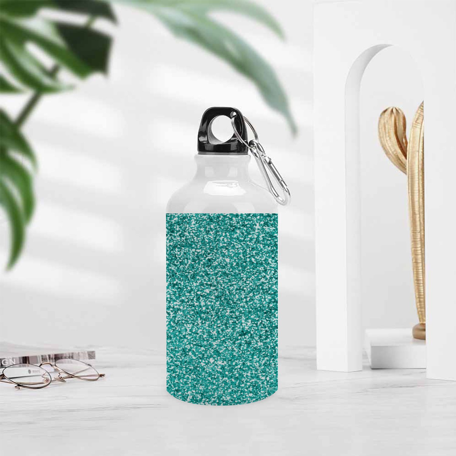 GZHJMY Sports Water Bottles, Teal Green Or Turquoise and Aqua Glitter Sparkle Background Large Capacity Aluminium Portable Leakproof Lightweight Drink Bottles for Fitness and Outdoor Enthusiasts