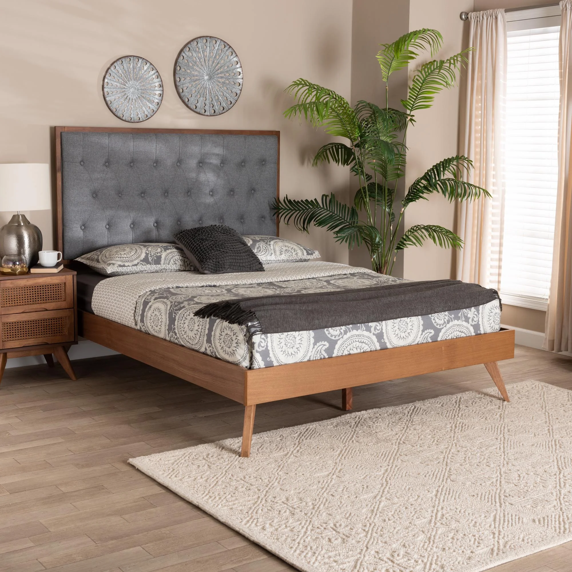 Baxton Studio Dericia Gray Fabric and Walnut Brown Wood Queen Size Platform Bed