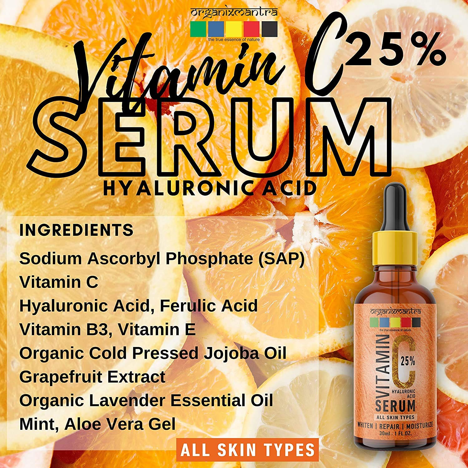Zeeke Organix Mantra Vitamin C Serum 25% for Face with Hyaluronic Acid, Ferulic Acid, Vitamin E, B3, Jojoba Oil, Aloe Vera and Grapefruit Extract, 30ml