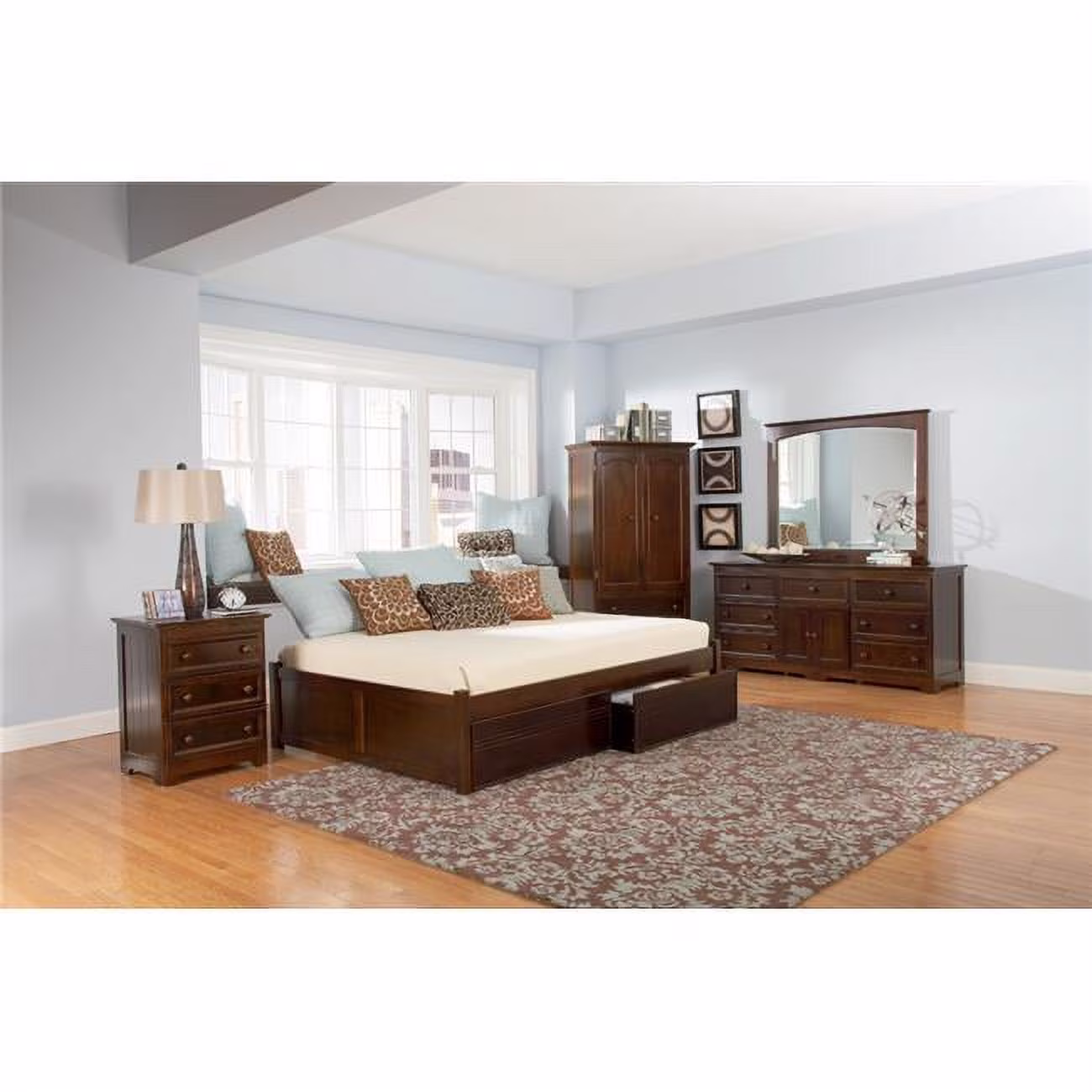 Atlantic Furniture  Concord Flat Panel Footboard x 1 with Under Bed Storage Drawers x 1 - Antique Walnut - Twin Size