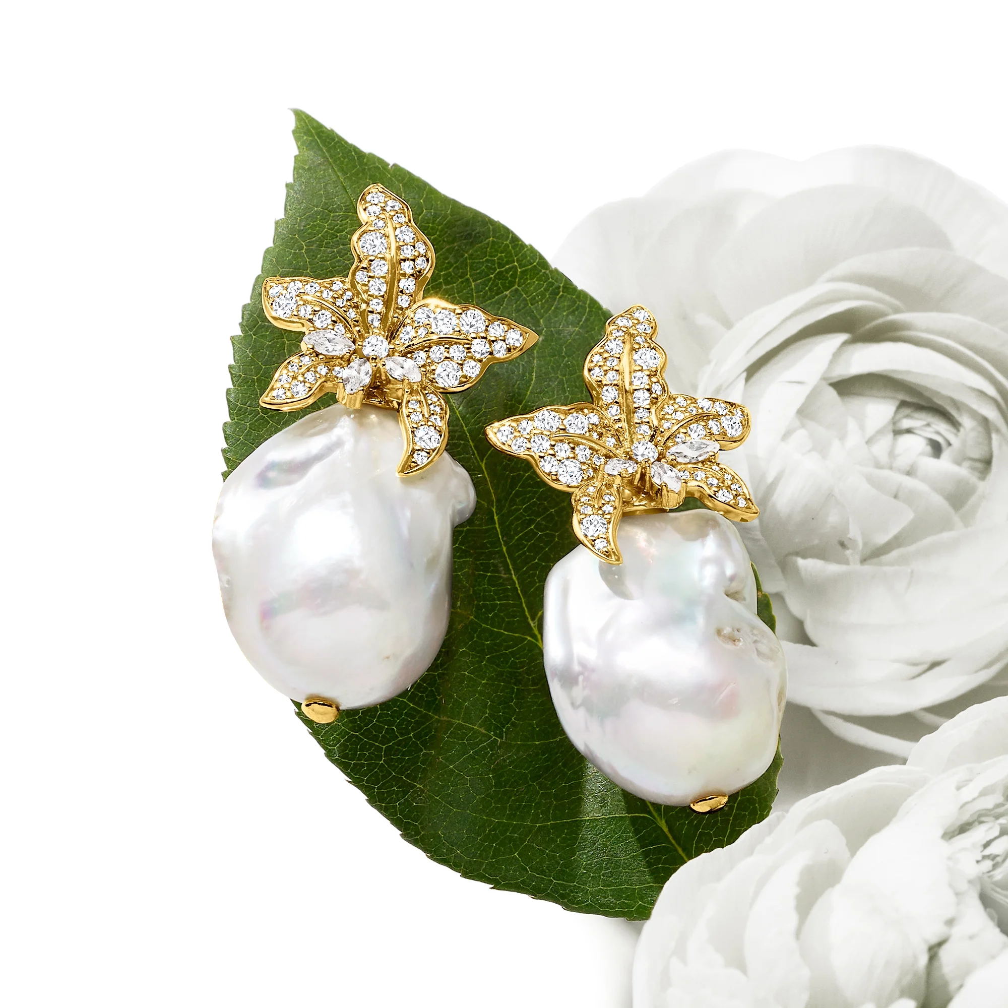 Ross-Simons Italian 13-18mm Baroque Pearl and 1.80 ct. t.w. CZ Flower Earrings in 18kt Gold Over Sterling, Women's, Adult
