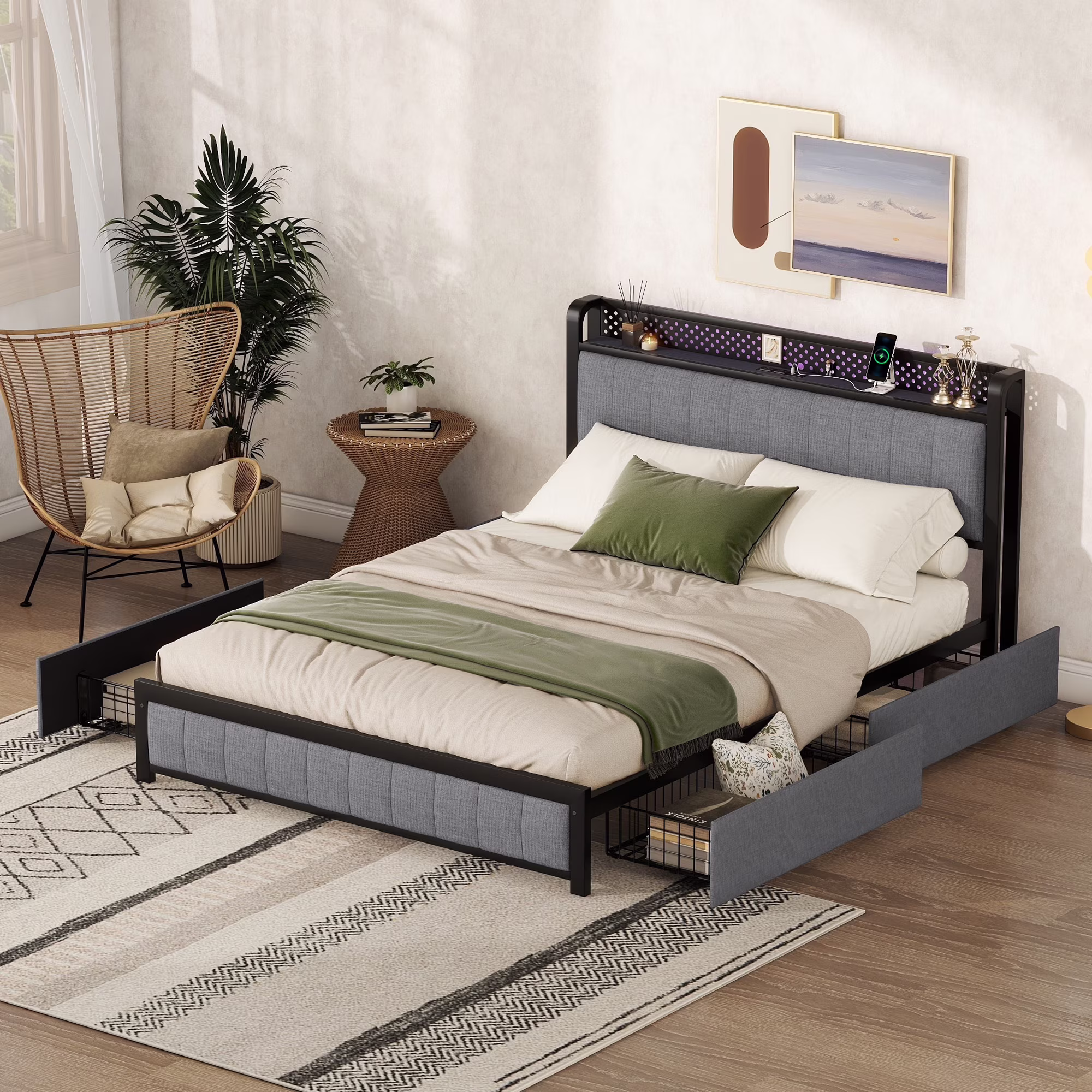 Queen Bed Frame with LED Headboard, Upholstered Bed with 4 Storage Drawers and USB Ports, Light Grey(Expect Arrival Date Oct.16th)
