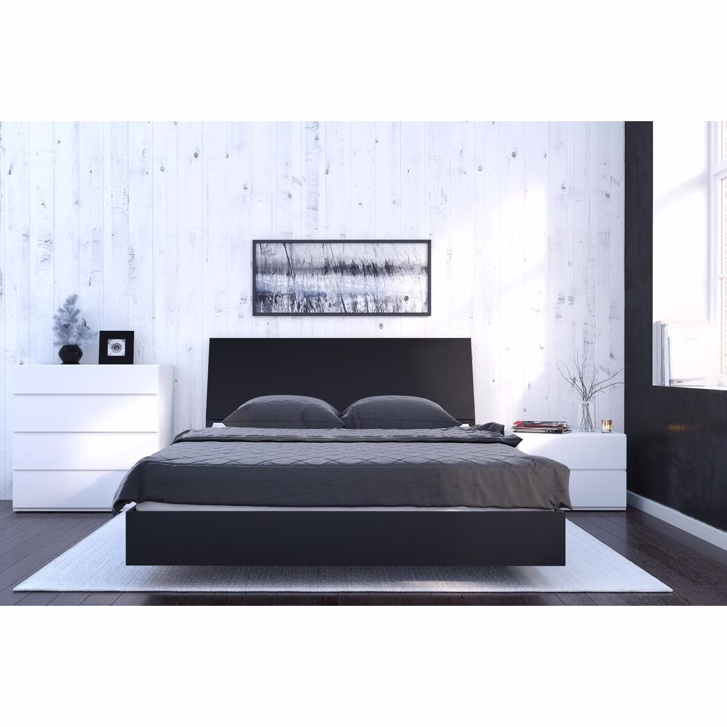 Nexera Orca 4 Piece Queen Size Bedroom Set, Black & White