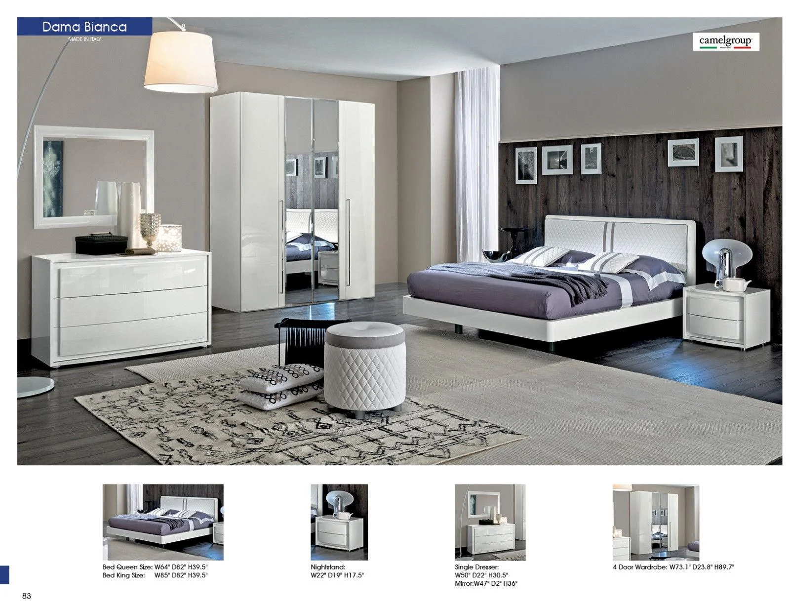 Glossy White Leather Queen Bedroom Set 5 Modern Made In Italy ESF Dama Bianca
