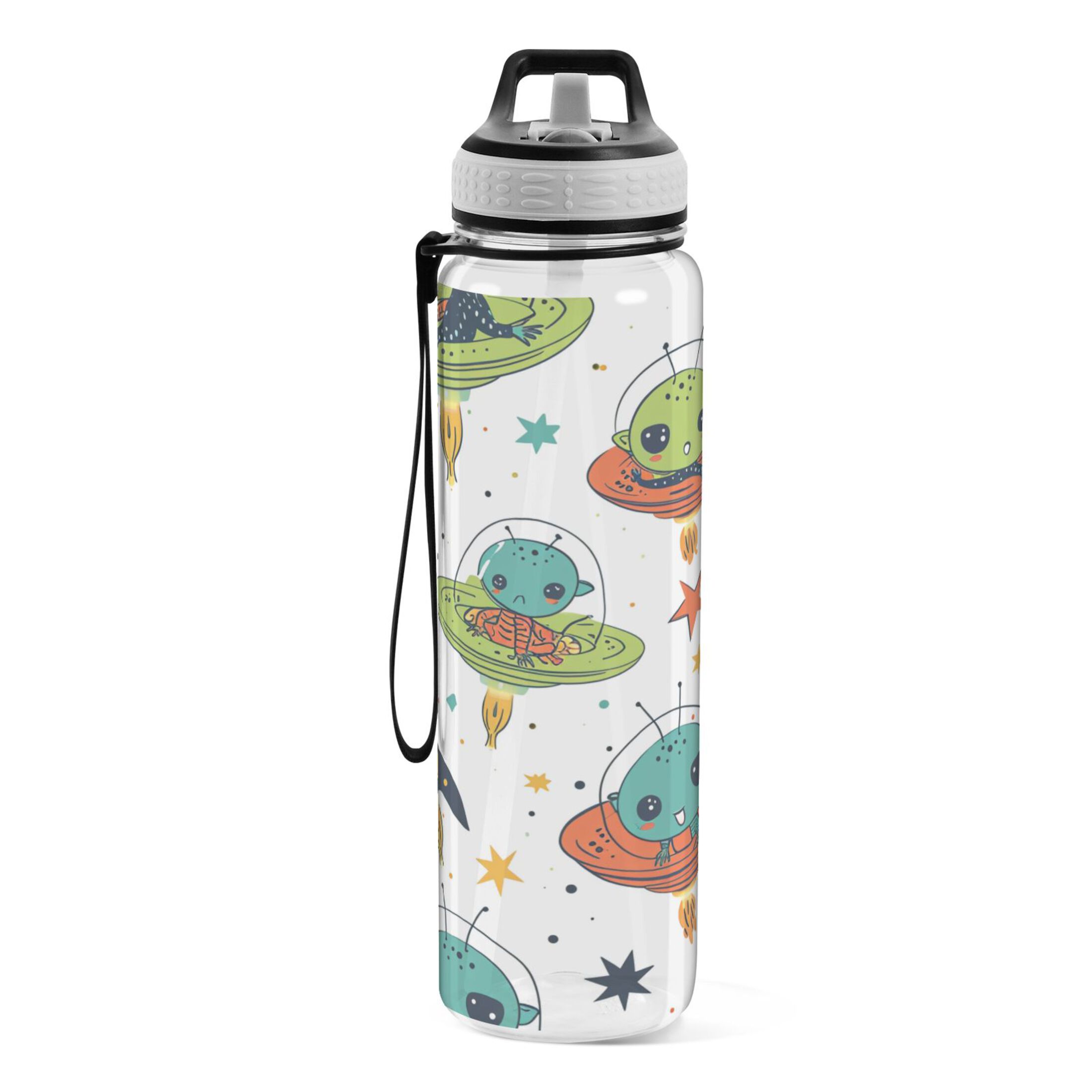 Cartoon Spacecraft 32oz Sports Water Bottles Leakproof Tritan Bottle with Straw BPA Free Clear Bottle for Fitness Gym Outdoor Cycling