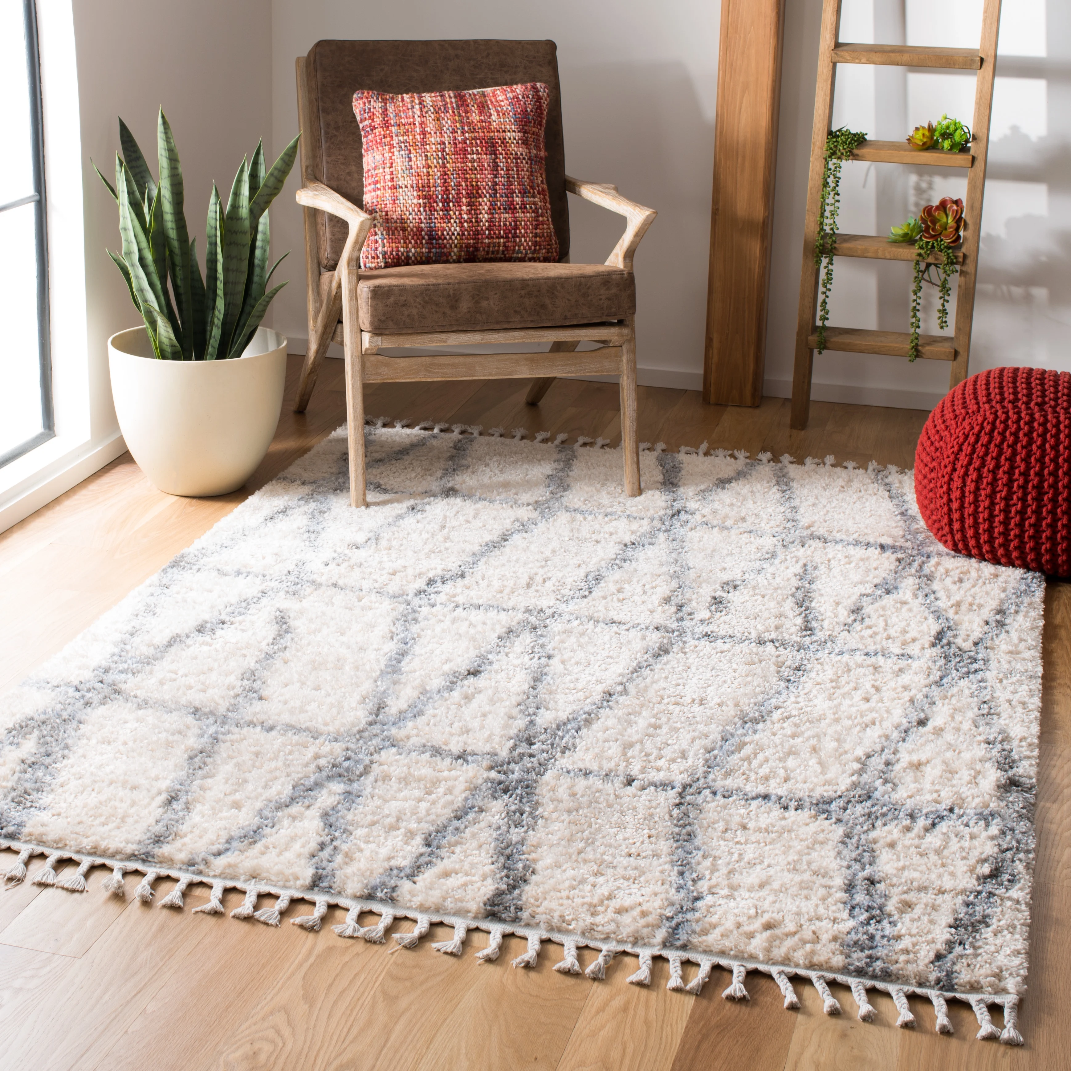 SAFAVIEH Berber Fringe Shag August Geometric Area Rug, Cream/Grey, 9' x 12'