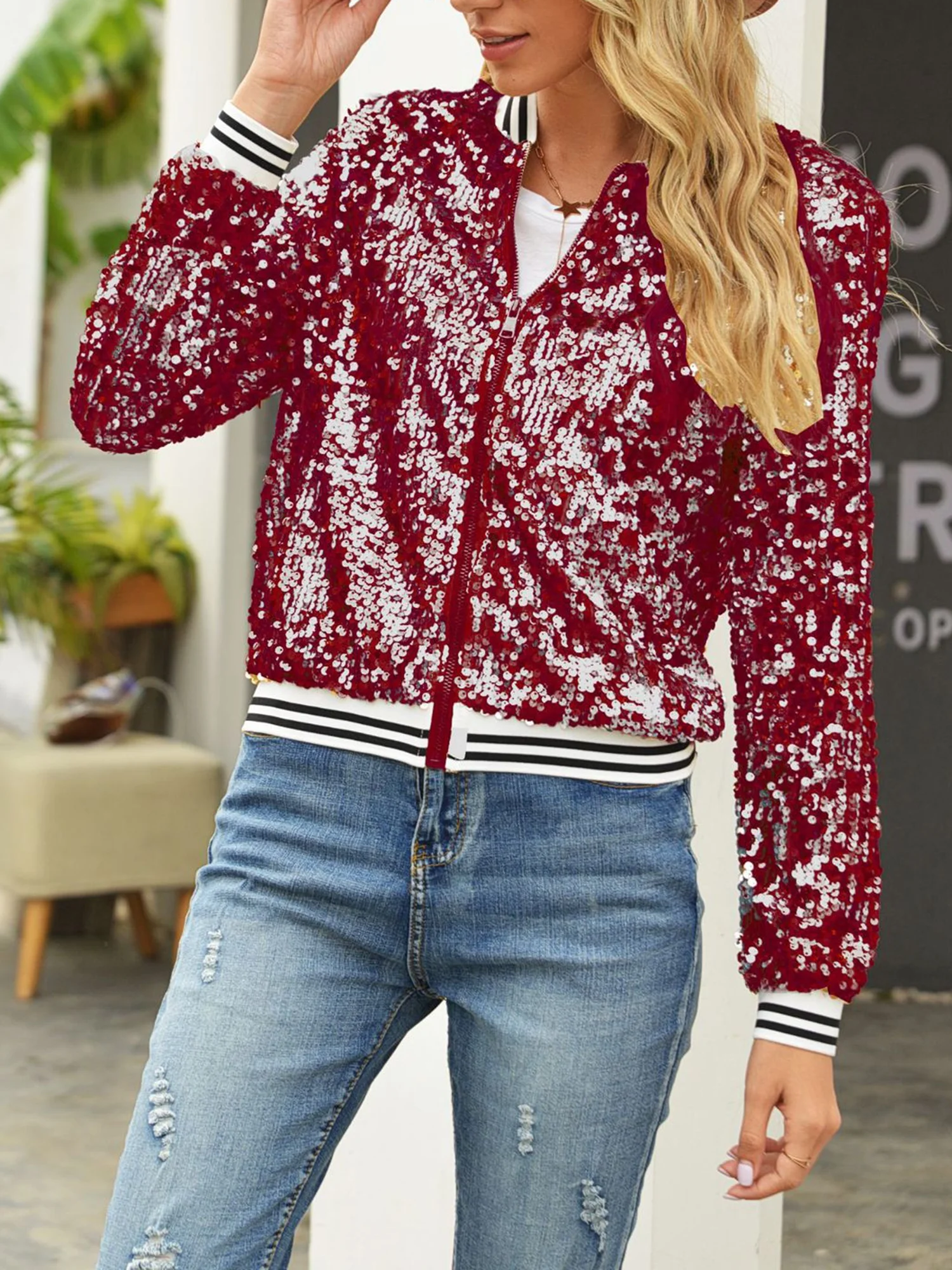 Women Zip up Jacket Shiny Sequins Lightweight Long Sleeve Cardigan