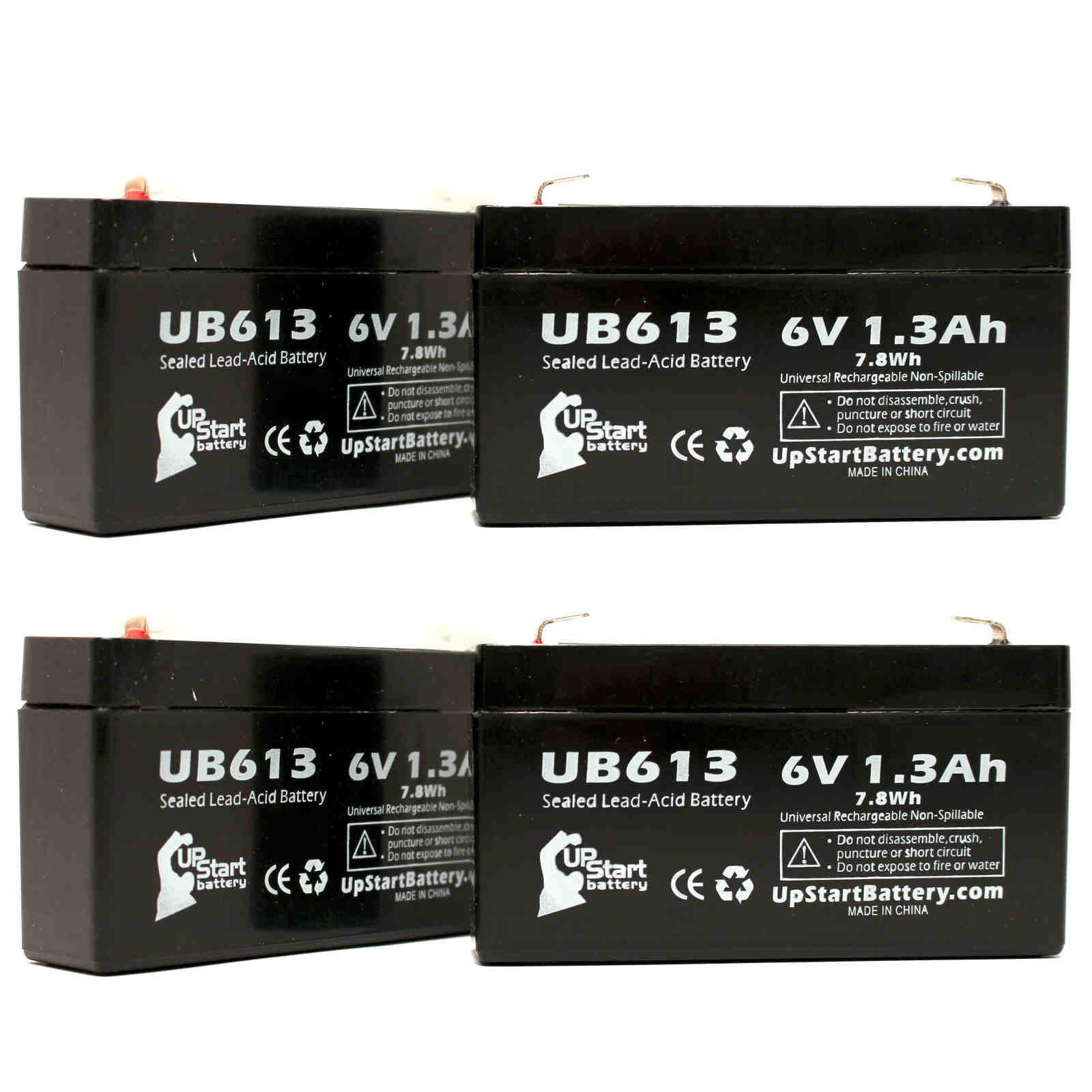 4x Pack - Compatible TORK 61 Battery - Replacement UB613 Universal Sealed Lead Acid Battery (6V, 1.3Ah, 1300mAh, F1 Terminal, AGM, SLA) - Includes 8 F1 to F2 Terminal Adapters
