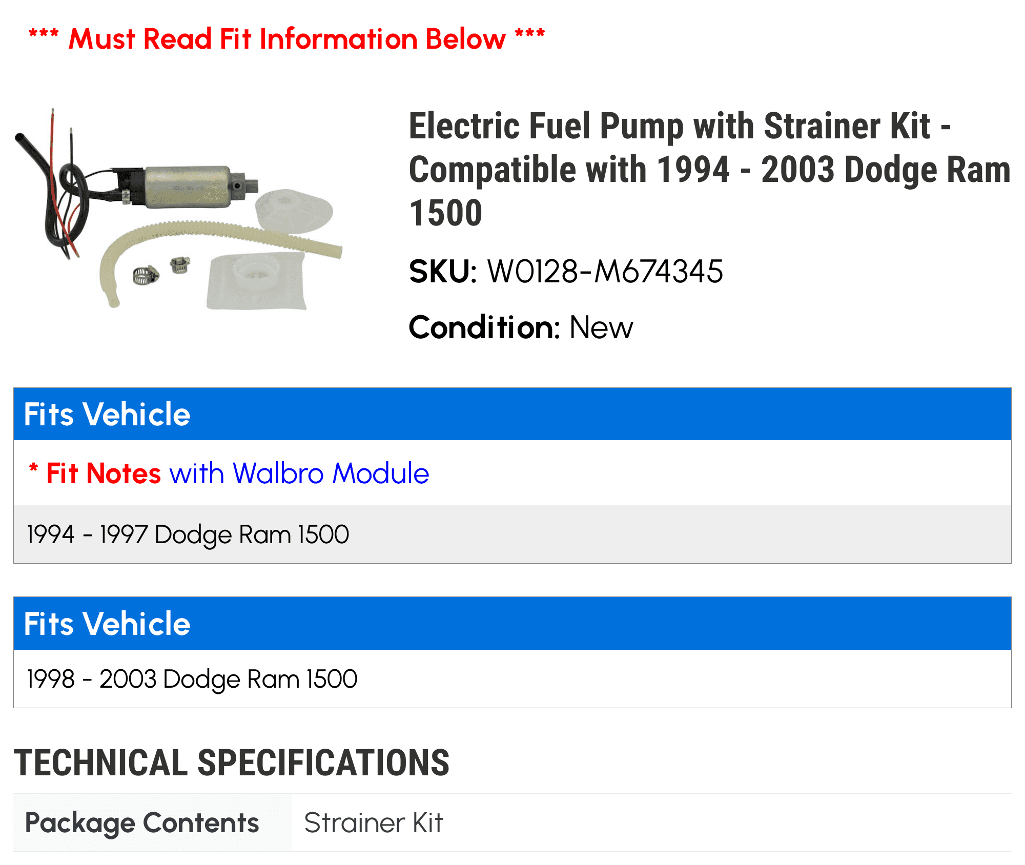 Electric Fuel Pump with Strainer Kit - Compatible with 1994 - 2003 Dodge Ram 1500 1995 1996 1997 1998 1999 2000 2001 2002