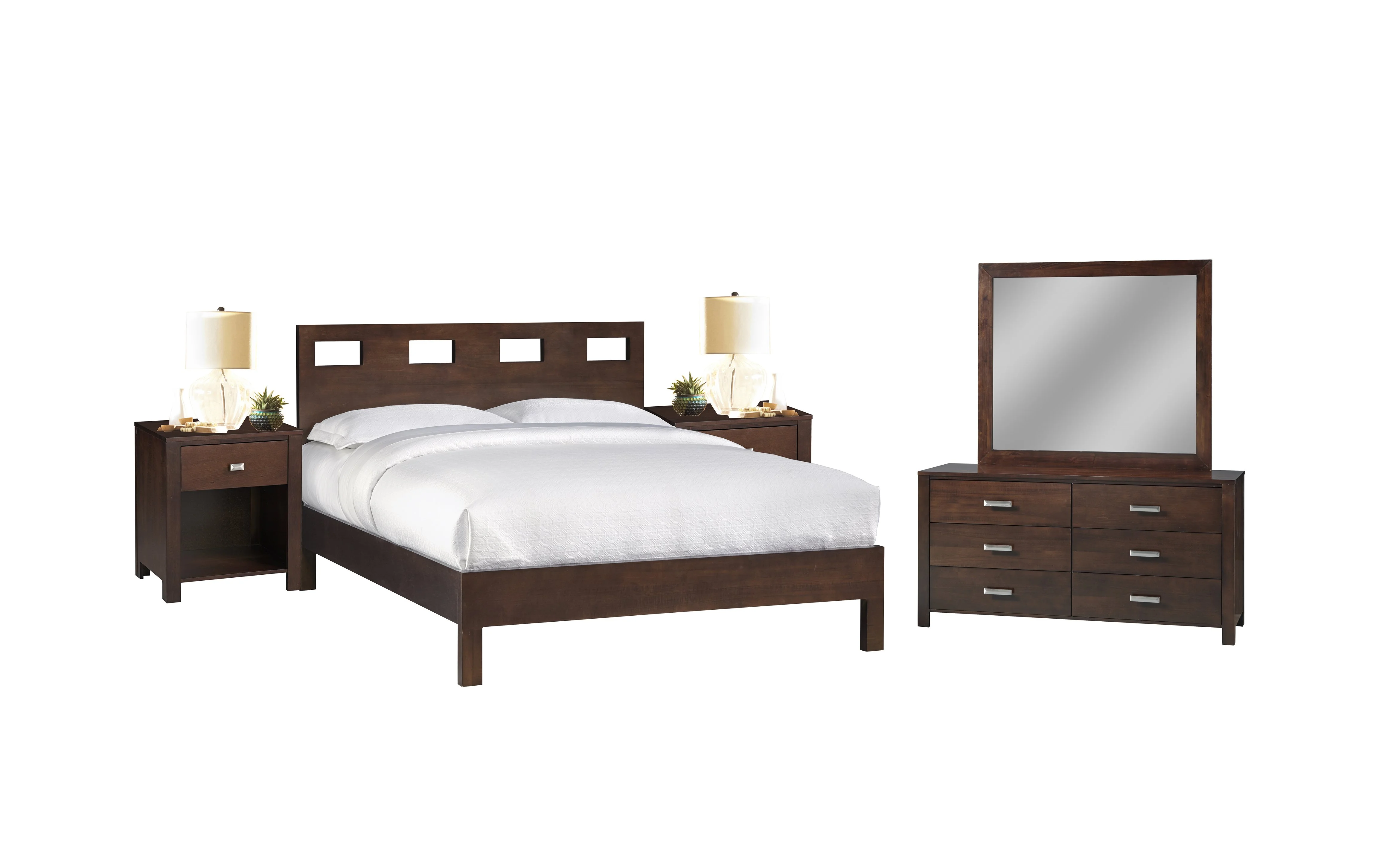 Ranshaw 5PC Queen Platform Bed, 2 Nightstand, Dresser & Mirror Set in Mocha Brown Mahogany