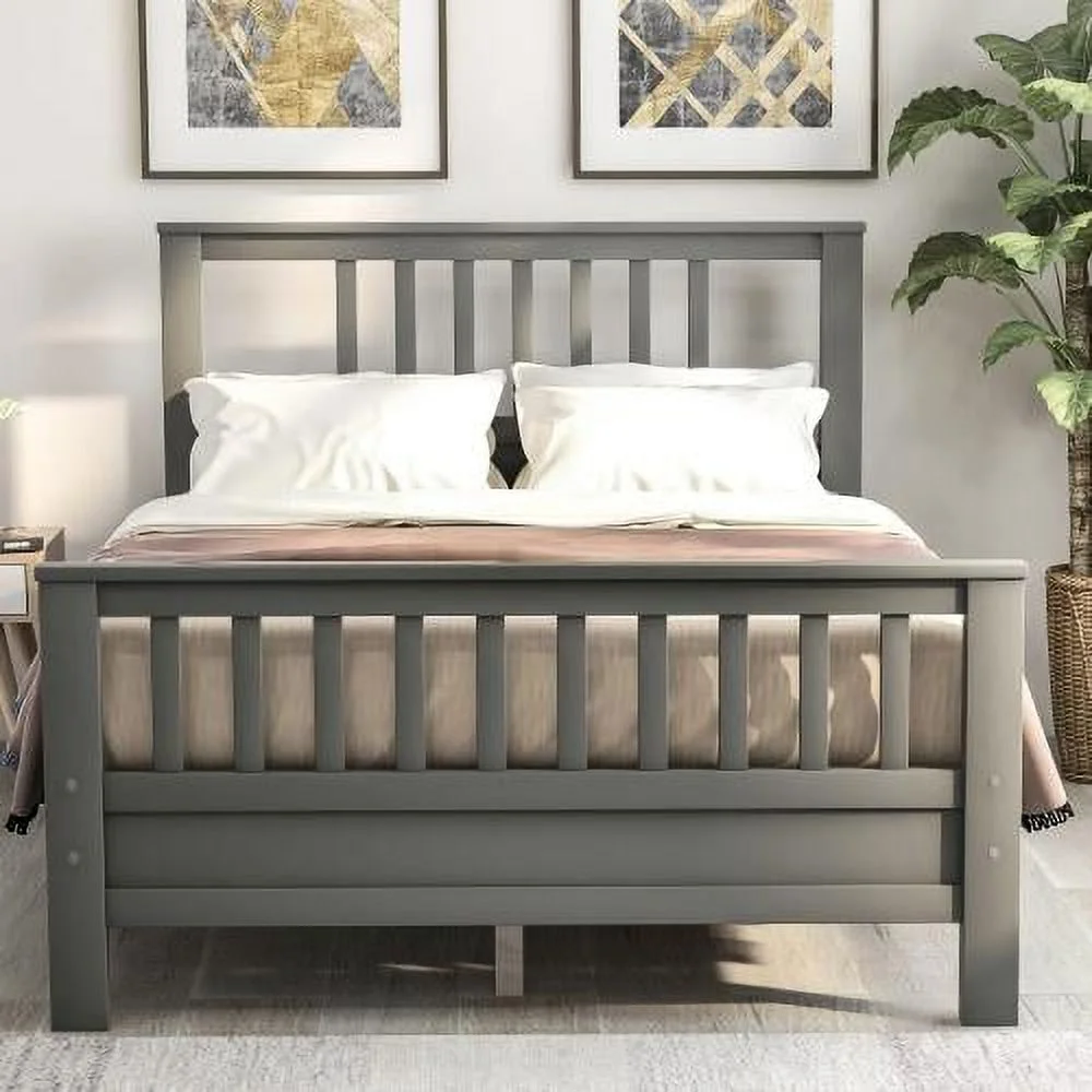 Wood Bed Frame with Headboard and Footboard/No Box Spring Needed/Easy Assembly for Kids Platform, Full, White