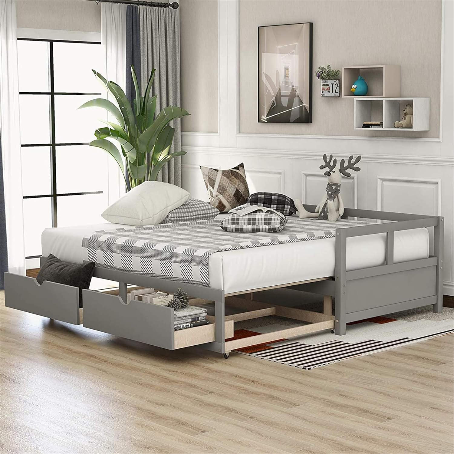 Daybed Frame With Two Storage Drawers, To King Daybed Extendable Design,Wooden Sofa Bed For Bedroom Living Room,Grey