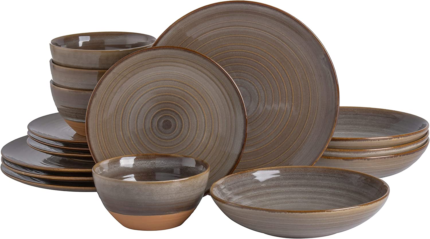 YHZCY 16 Piece Dreamweaver Double Bowl Terracotta Reactive Dinnerware Set - Earthy Brown