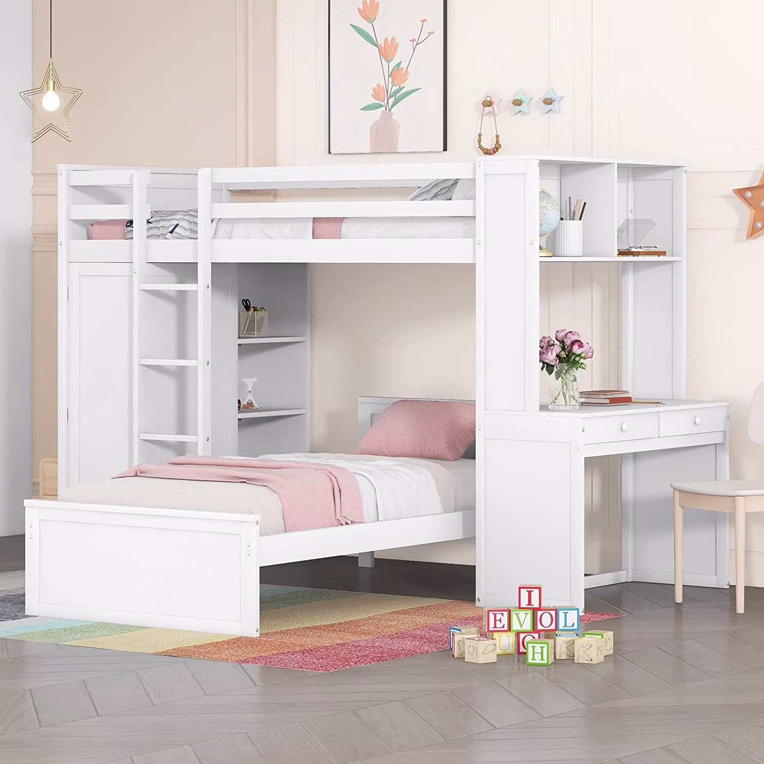 Over Bunk Beds With Desk And Drawers, Wooden Size Loft Bed Removable Wardrobe Shelves Storage Ladder Guardrails For Kids White