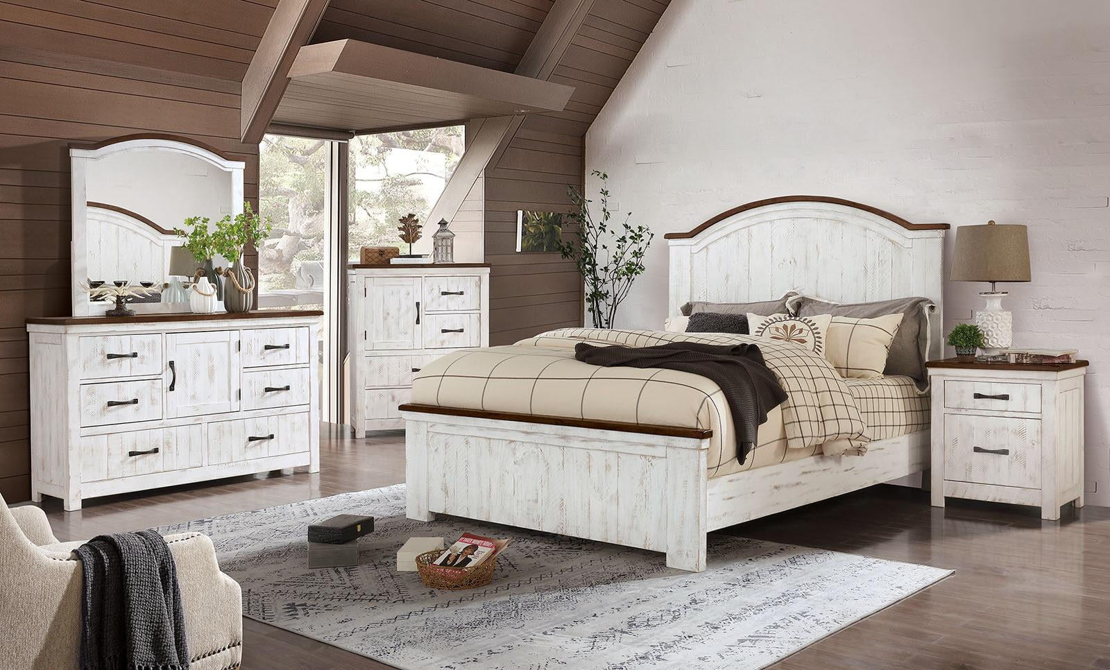 Distressed White & Walnut Solid Wood CAL Bedroom Set 5pcs FOA CM7962 Alyson