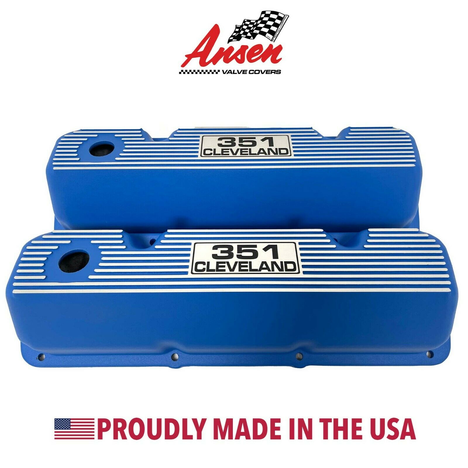 Ford 351 Cleveland Valve Covers - 351 Cleveland Engraved Logo - Blue - Ansen USA