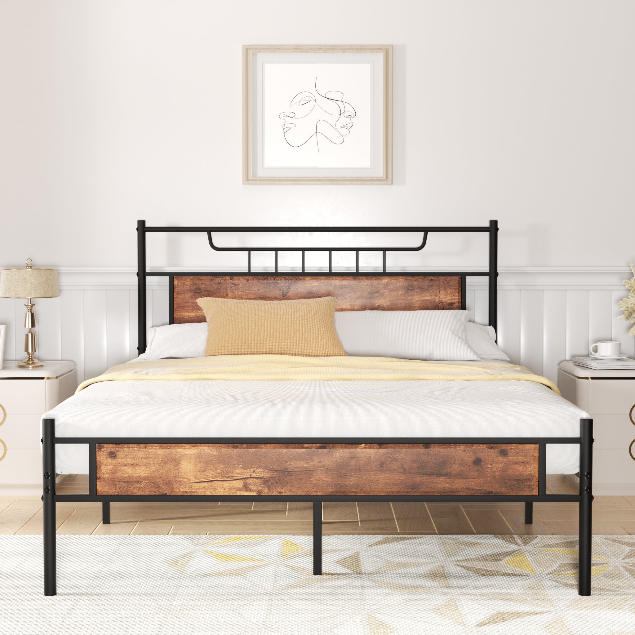 VECELO Full Size Metal Platform Bed Frame with Wood Headboard, Strong Slat Support, No Box Spring Needed, Brown