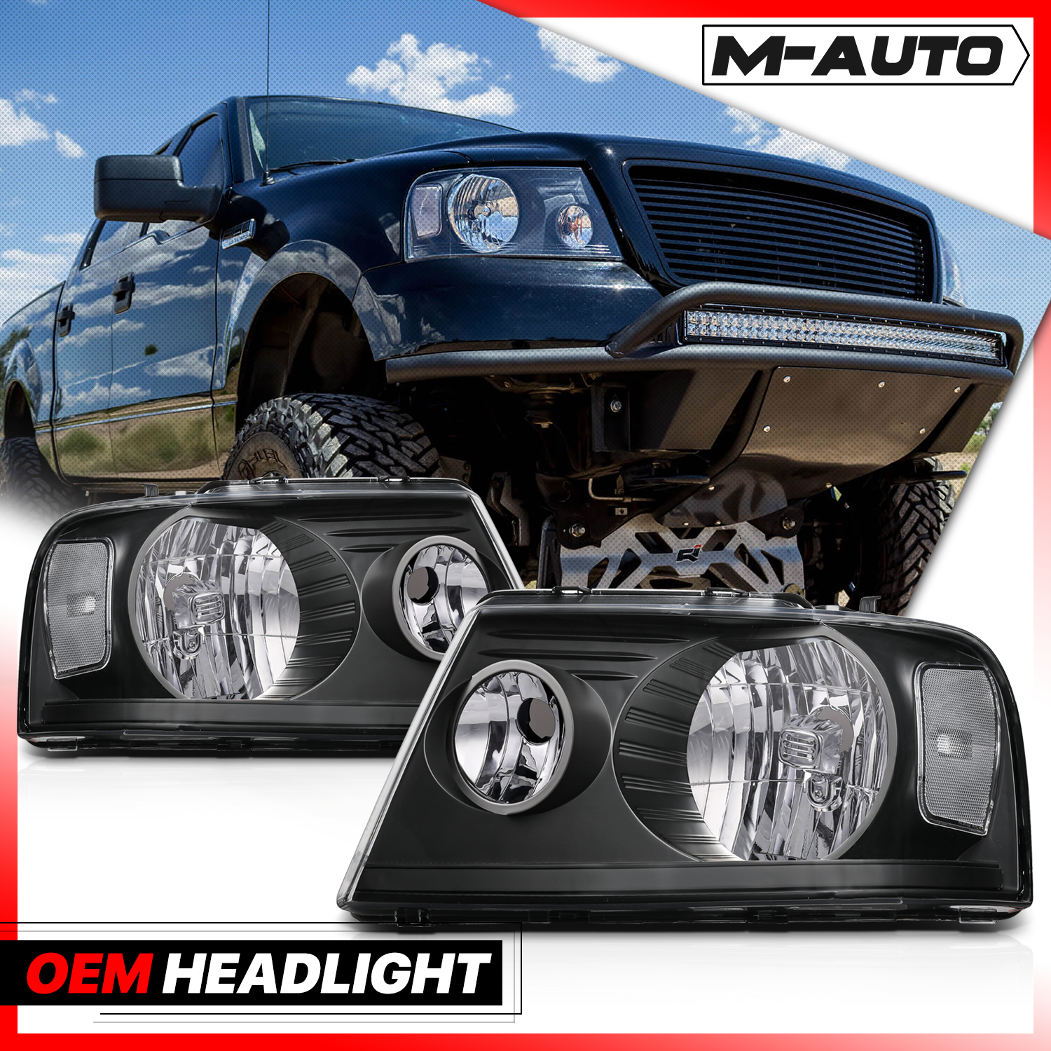 M-AUTO Pair Black Housing Clear Lens Clear Corner Headlights for 2004 2005 2006 2007 2008 Ford F-150 / 2006 2007 2008 Mark LT