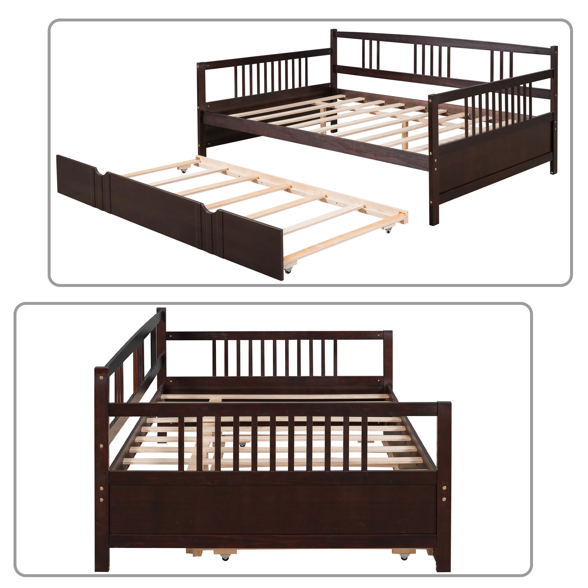 Minimalist and Classic Full Size Daybed with A Twin-sized Trundle, Espresso