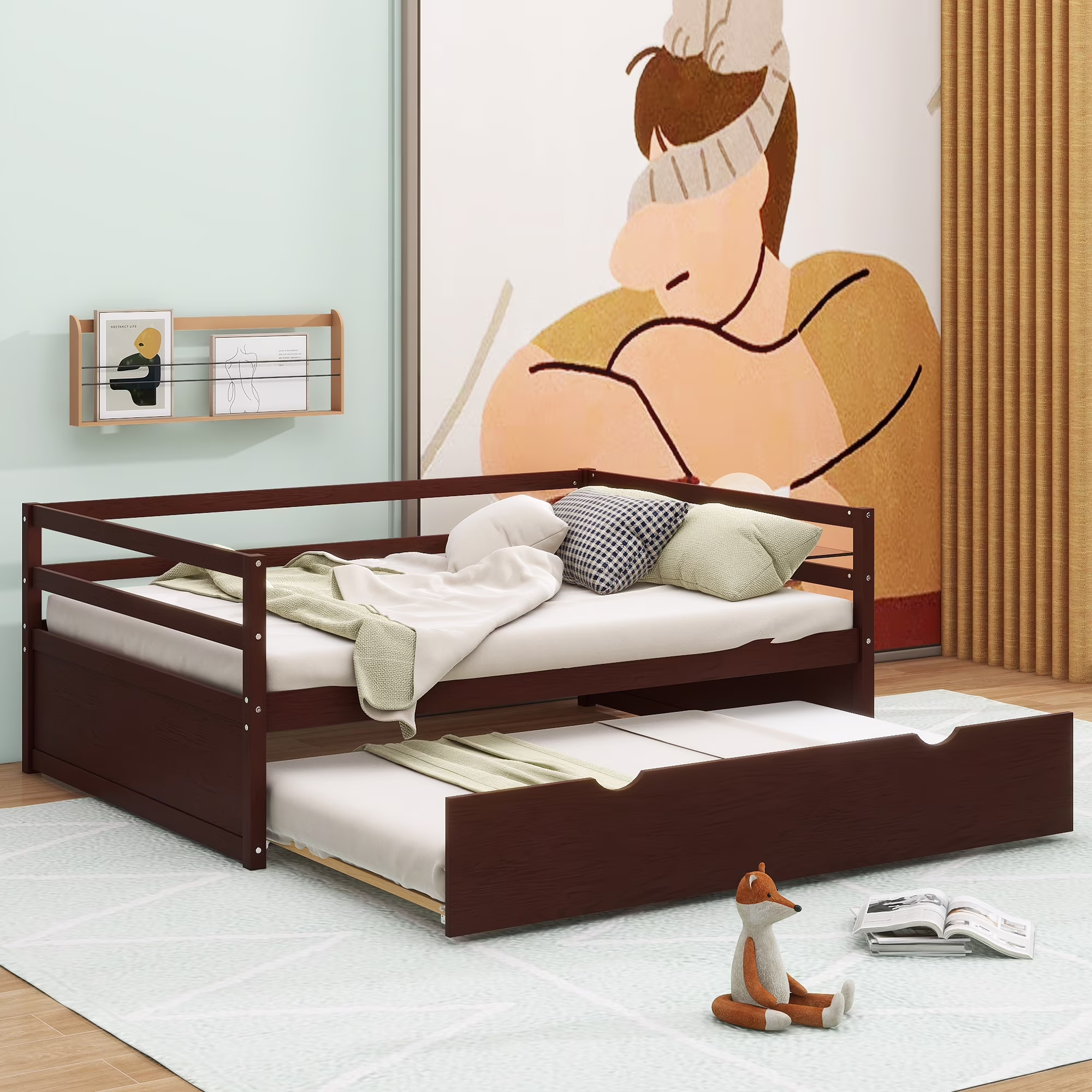 Euroco Twin Size Daybed with Twin Trundle Bed for Kids Teens Adults, Espresso