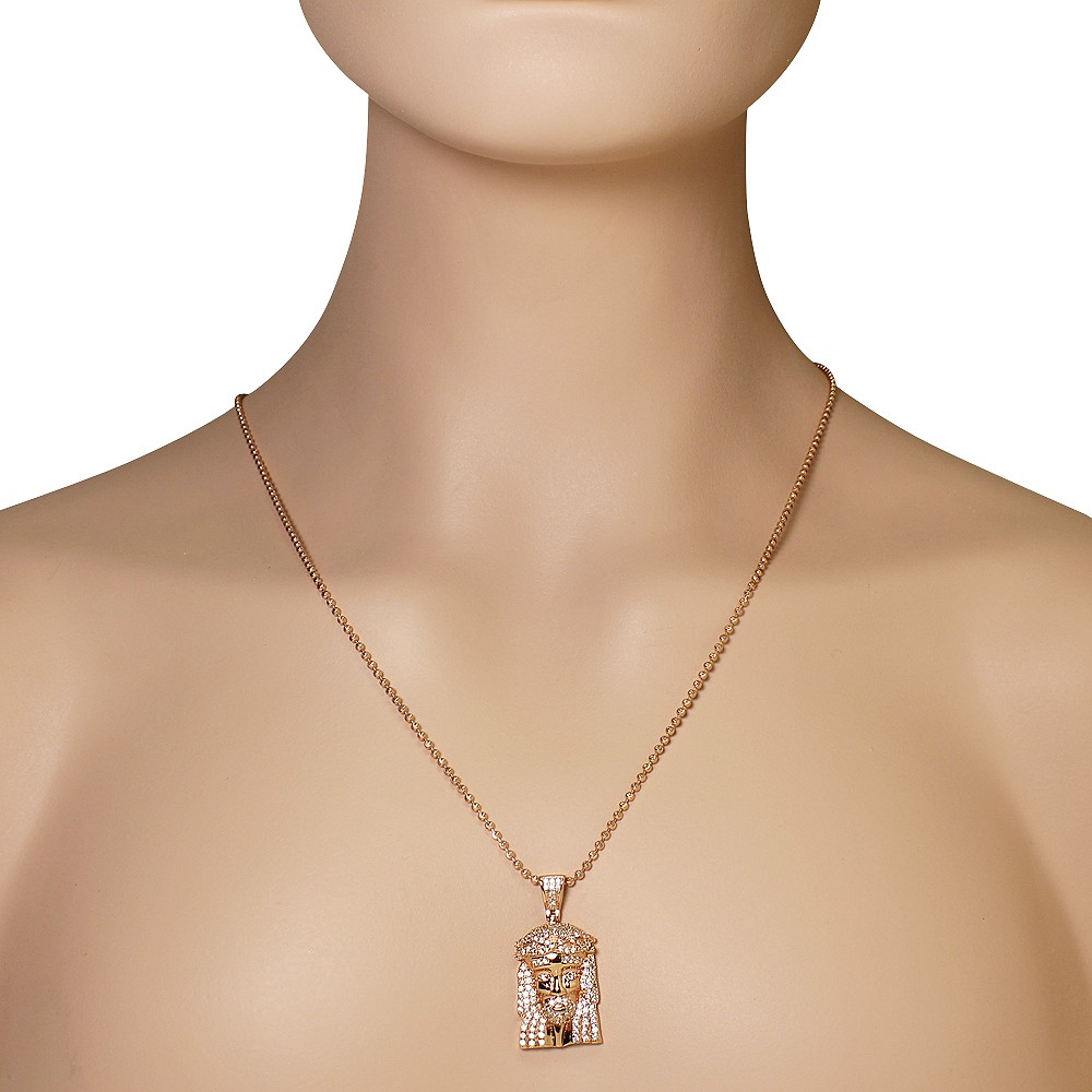 925 Sterling Silver Rose Gold-Tone White Clear CZ Large Statement Jesus Religious Pendant Necklace, 24