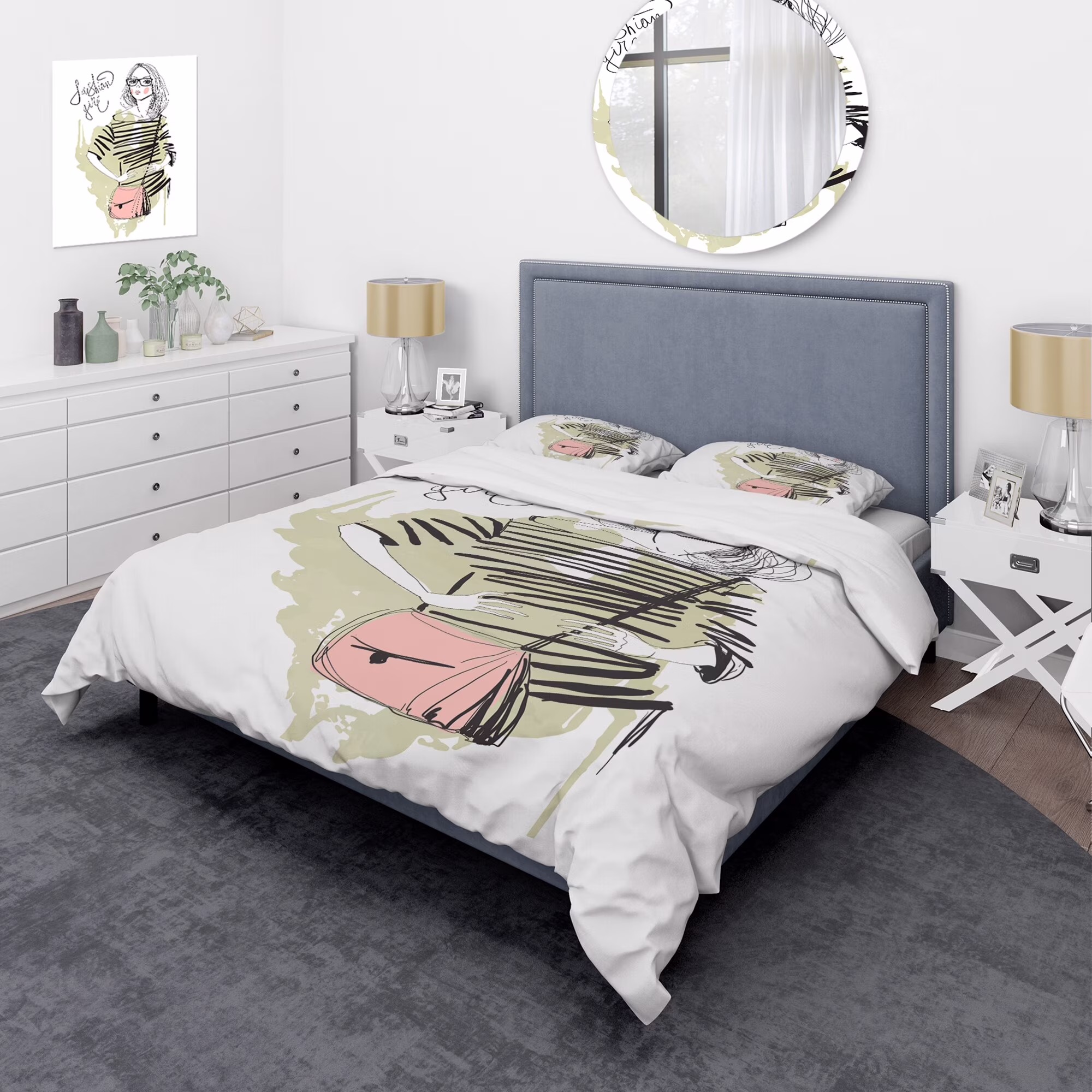 DESIGN ART Designart 'Trendy Fashion Girl' Shabby Chic Duvet Cover Comforter Set Full/Queen Cover + Comforter + 2 Shams 4 Piece