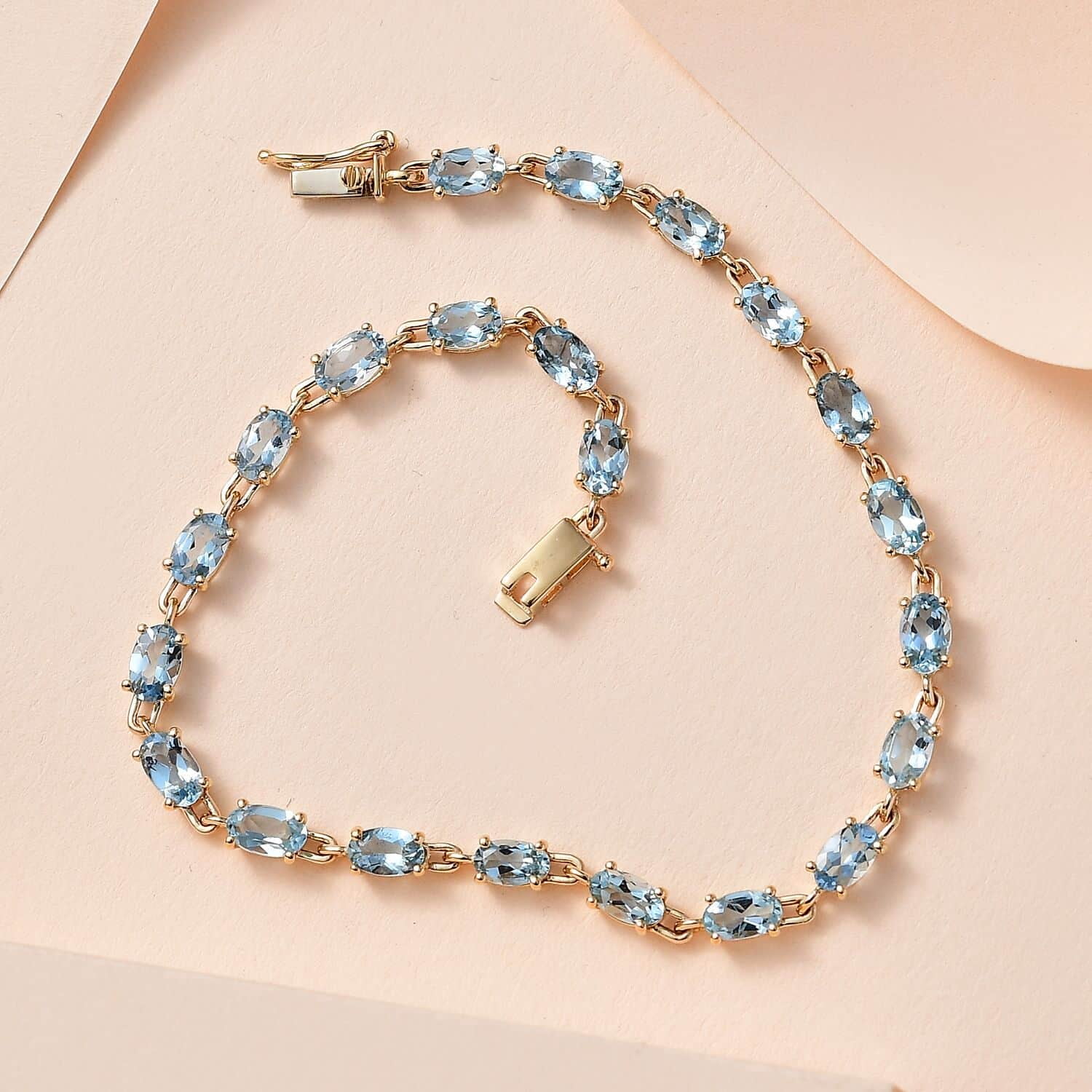 Luxoro AAA Blue Aquamarine Oval 14K Yellow Gold Link Bracelet for Women Jewelry Size 7.25