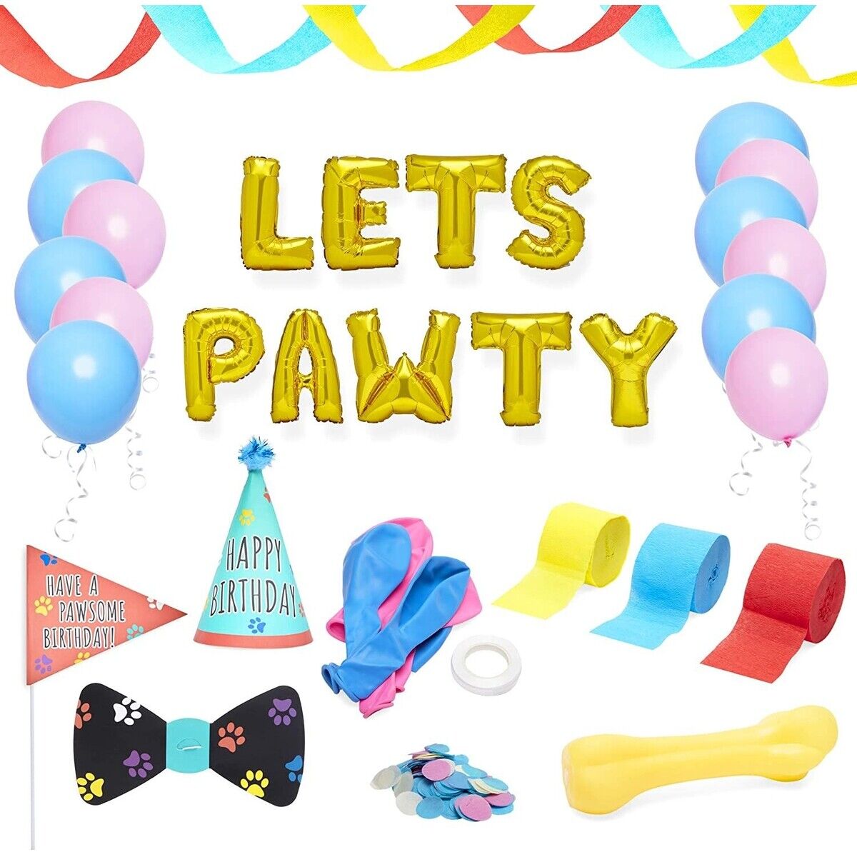 Dog Birthday Party Supplies, Lets Pawty Decorations Kit (25 Pieces)