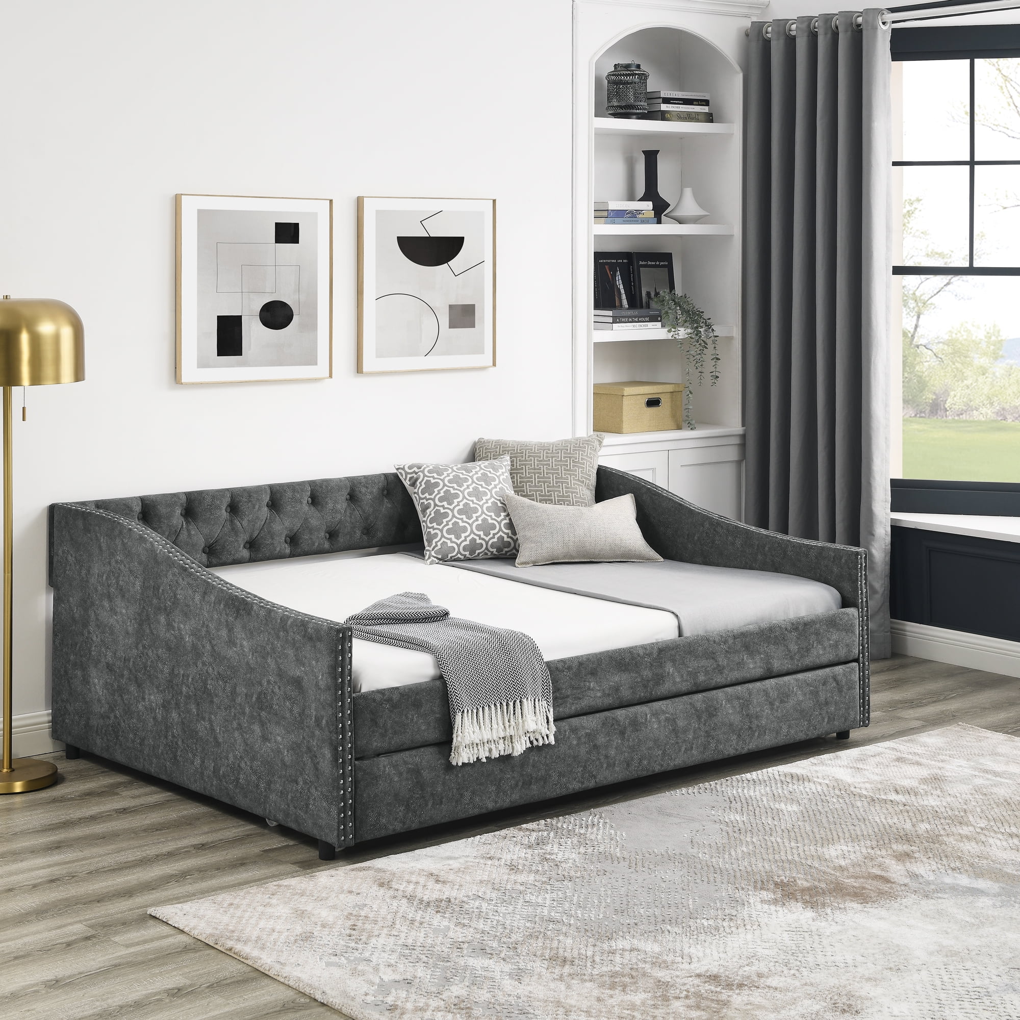 CoSoTower Full Size Daybed with Twin Size Trundle Upholstered Tufted Sofa Bed, with Button on Back and Copper Nail on Waved Shape Arms, Grey, 80.5